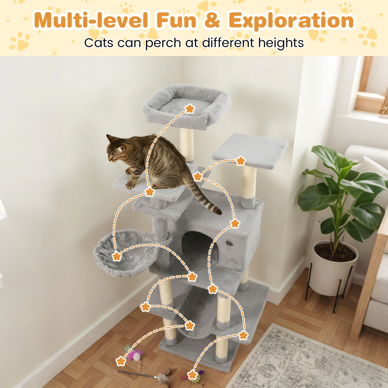 SUGIFT 63-in Light Gray Large Cat Tree for Indoor Cats with Hammock Rotating Basket Bed and Anti-Tip Kit