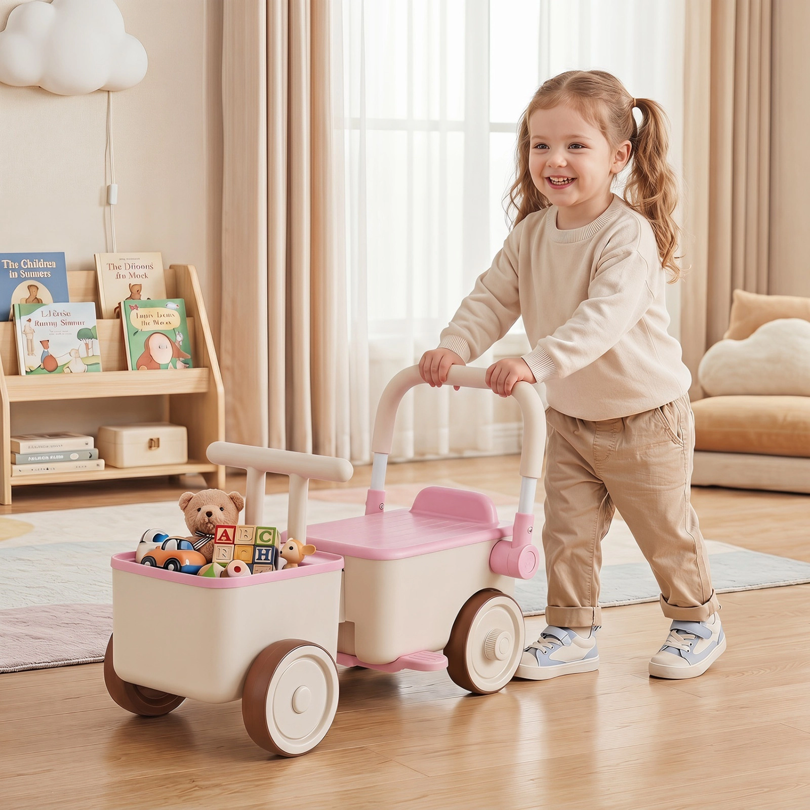 3-in-1 Kids Ride On Push Car Foldable Push Handle Tow Rope Storage Basket Toddler Push Walker Ages 3-6 Pink