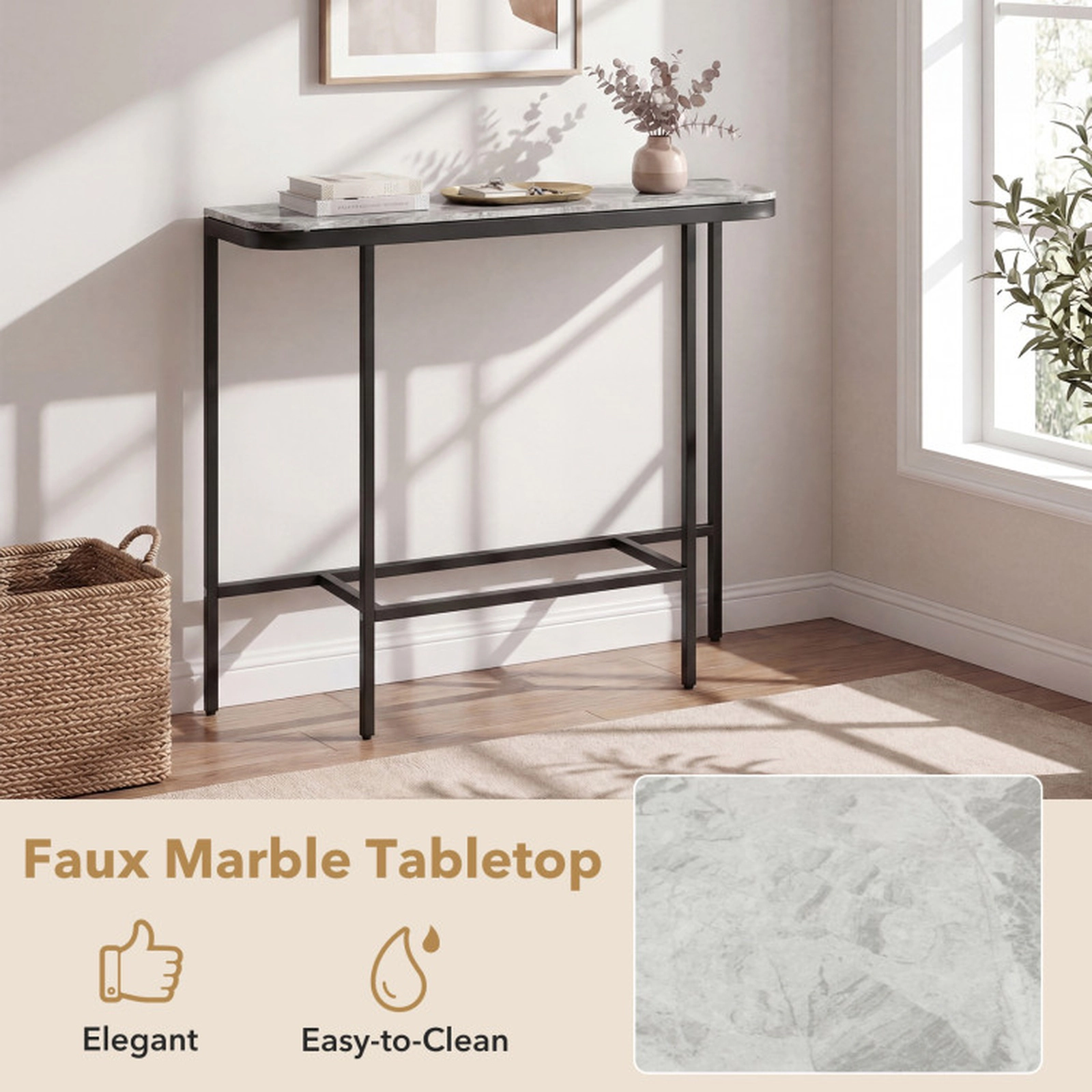 SUGIFT 44-in 12-in Narrow 66-lb Capacity Gray Sintered Stone Marble Look Console Table with Metal Frame