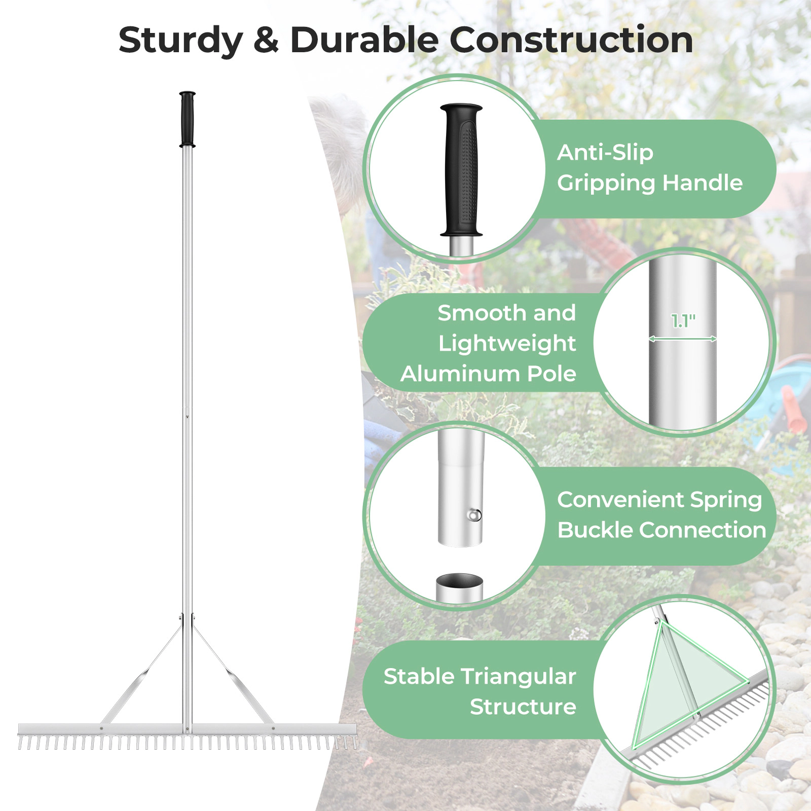 SUGIFT 36 in Aluminum Landscape Rake Silver with 68 in Handle and Close Set Tines