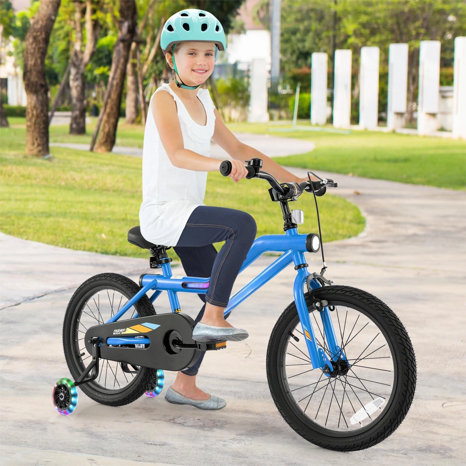 SUGIFT LED Lighted Adjustable Kids Bike with Training Wheels 145-lb Capacity Ages 4-8 Navy Blue 18-in Wheel