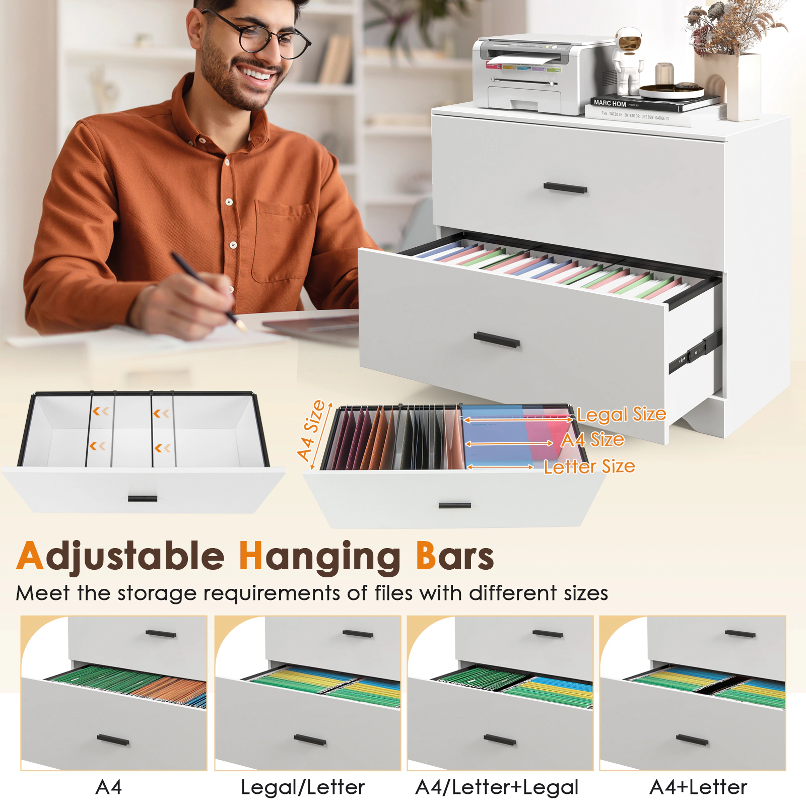 SUGIFT 2-Drawer Lateral File Cabinet 220-lb Capacity with Adjustable Bars for Home and Office White