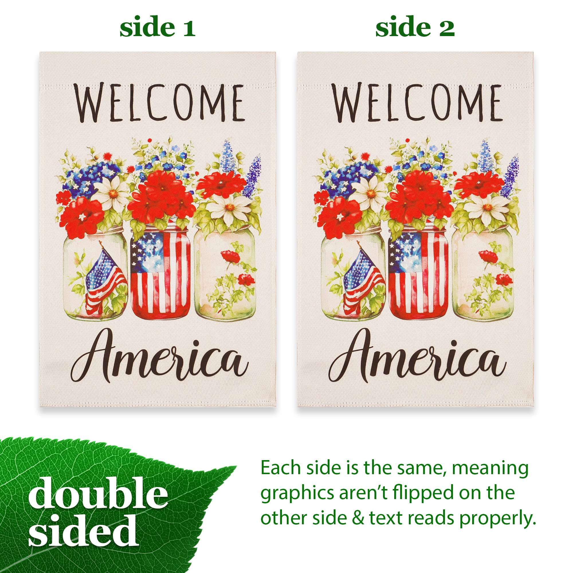 G128 Welcome America Mason Jars Garden Flag 12x18 in double-sided patriotic yard decoration