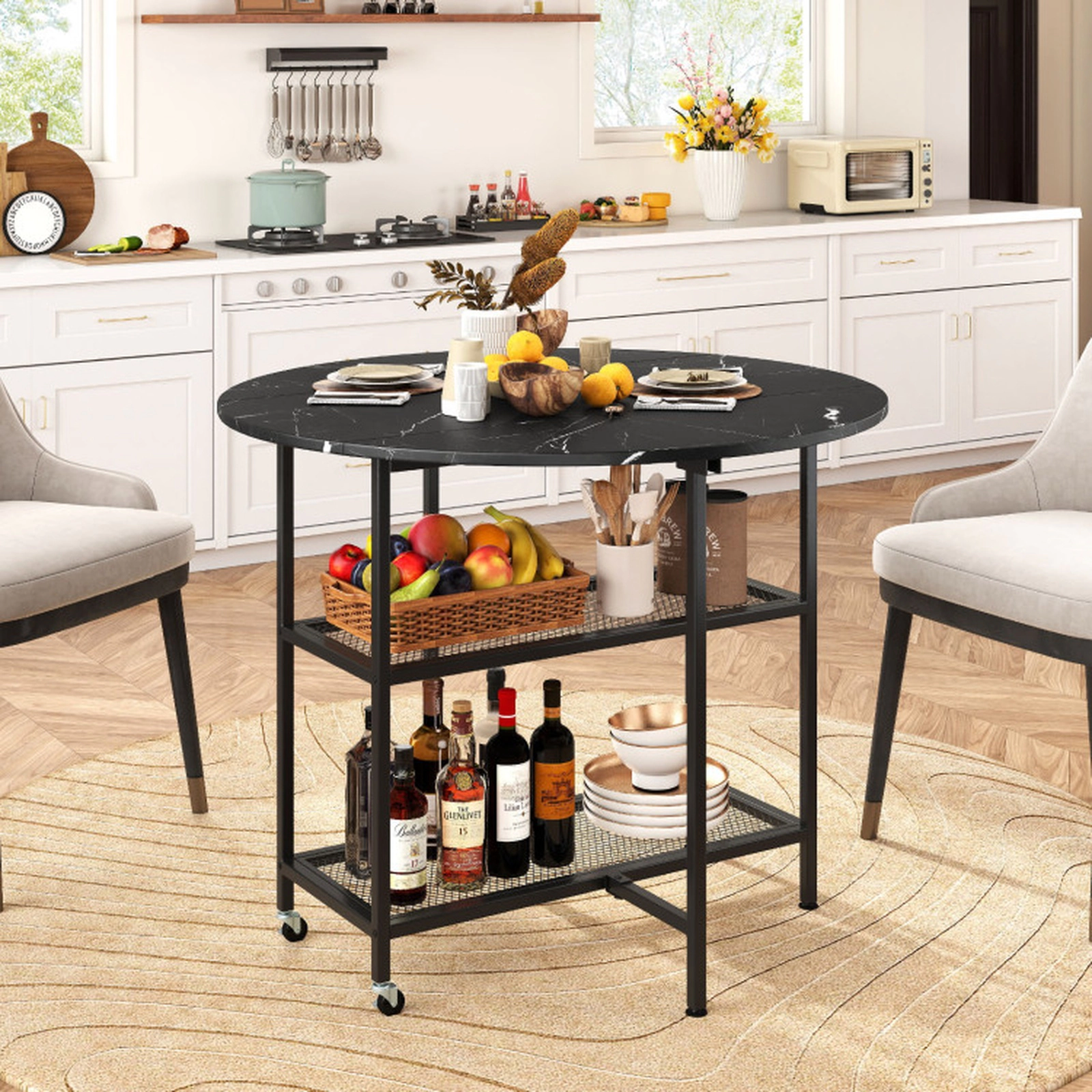 SUGIFT Folding Round Dining Table with Drop Leaves and Lockable Wheels 200-Lb Tabletop Capacity Black+White