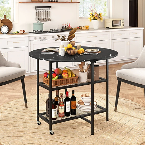 SUGIFT Folding Round Dining Table with Drop Leaves and Lockable Wheels 200-Lb Tabletop Capacity Black+White