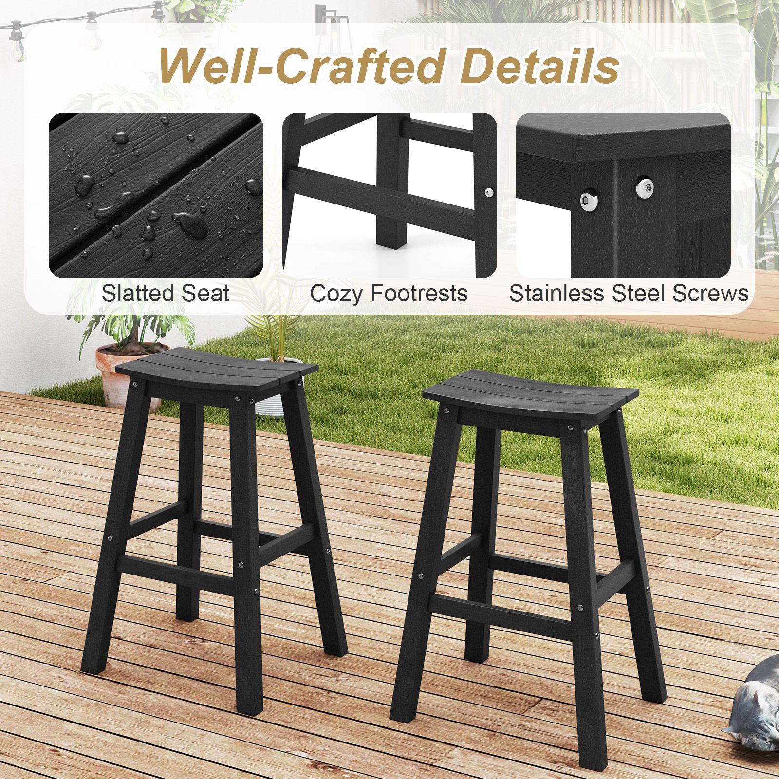SlickBlue Modern Slatted Seat Patio Barstools for Backyard Poolside Use