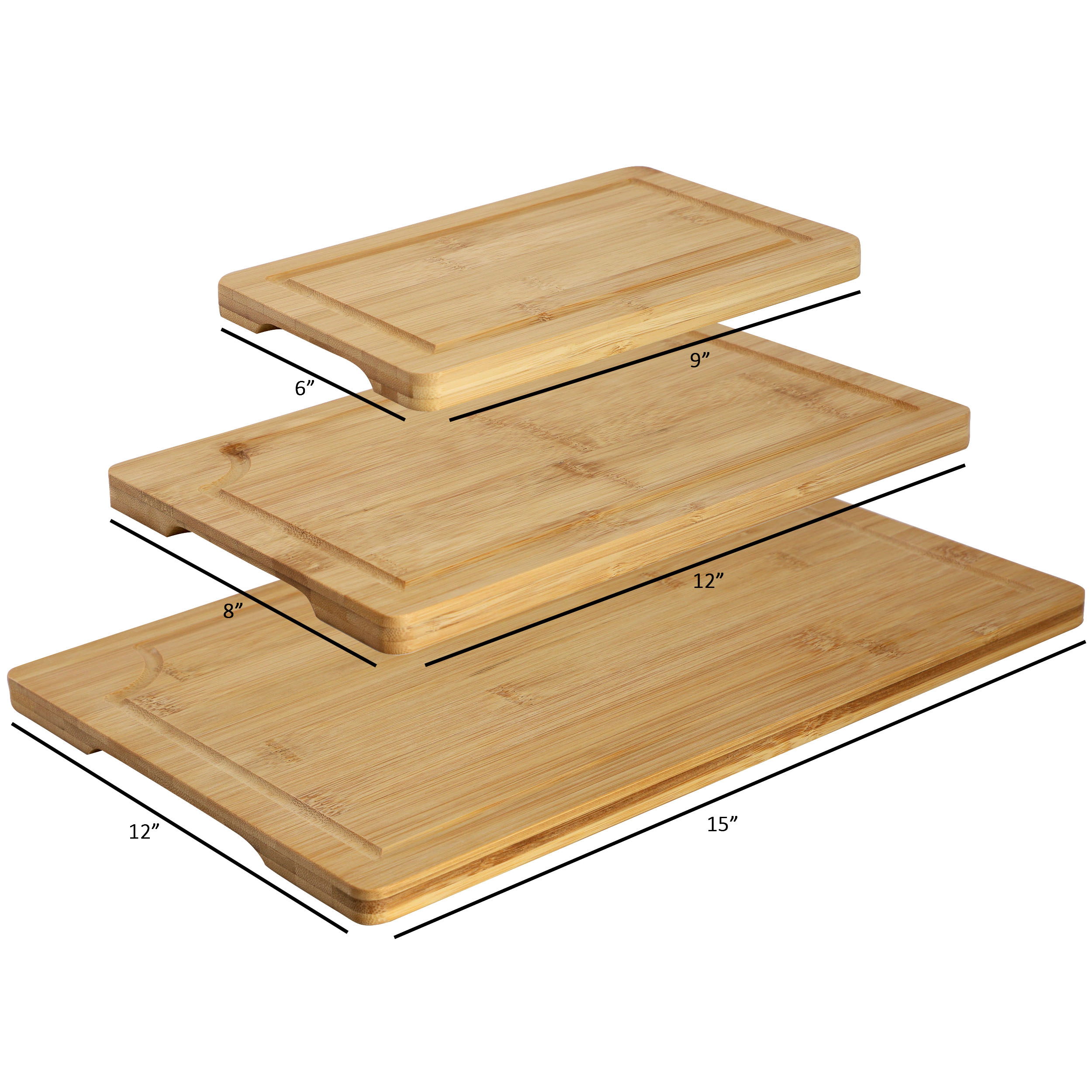 MegaChef 3 Piece 9 Inch, 12 Inch, and 15 Inch Bamboo Wood Cutting Board Set with Juice Grooves
