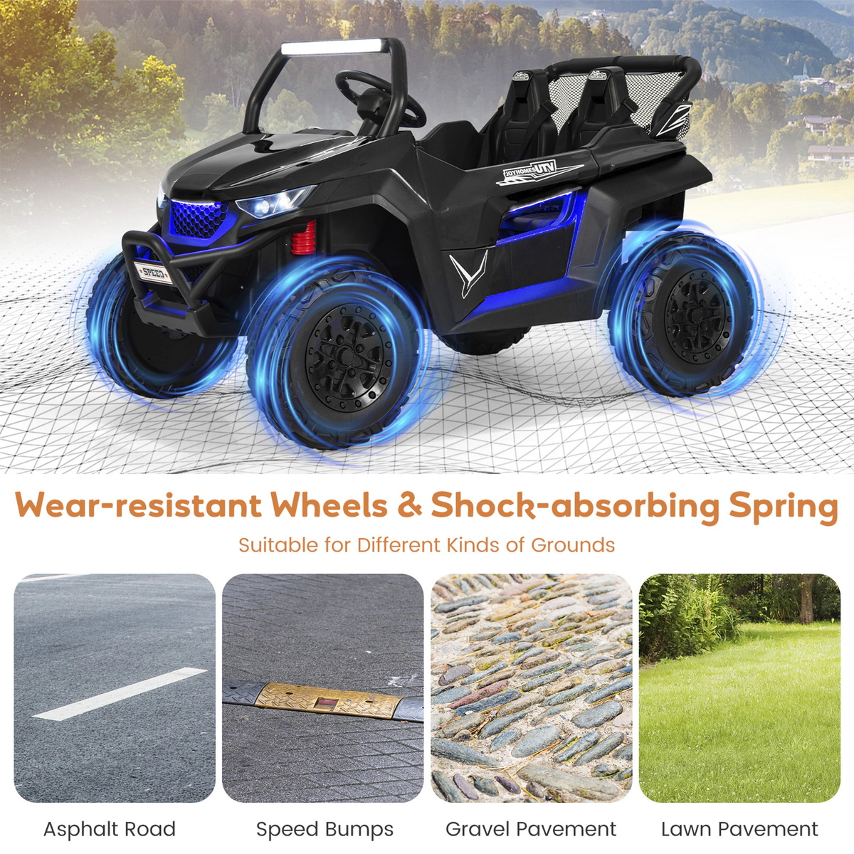 SUGIFT 12V 130-lb Capacity Black 2-Seater Kids Ride On UTV with Remote Control Spring Suspension and Lockable Doors