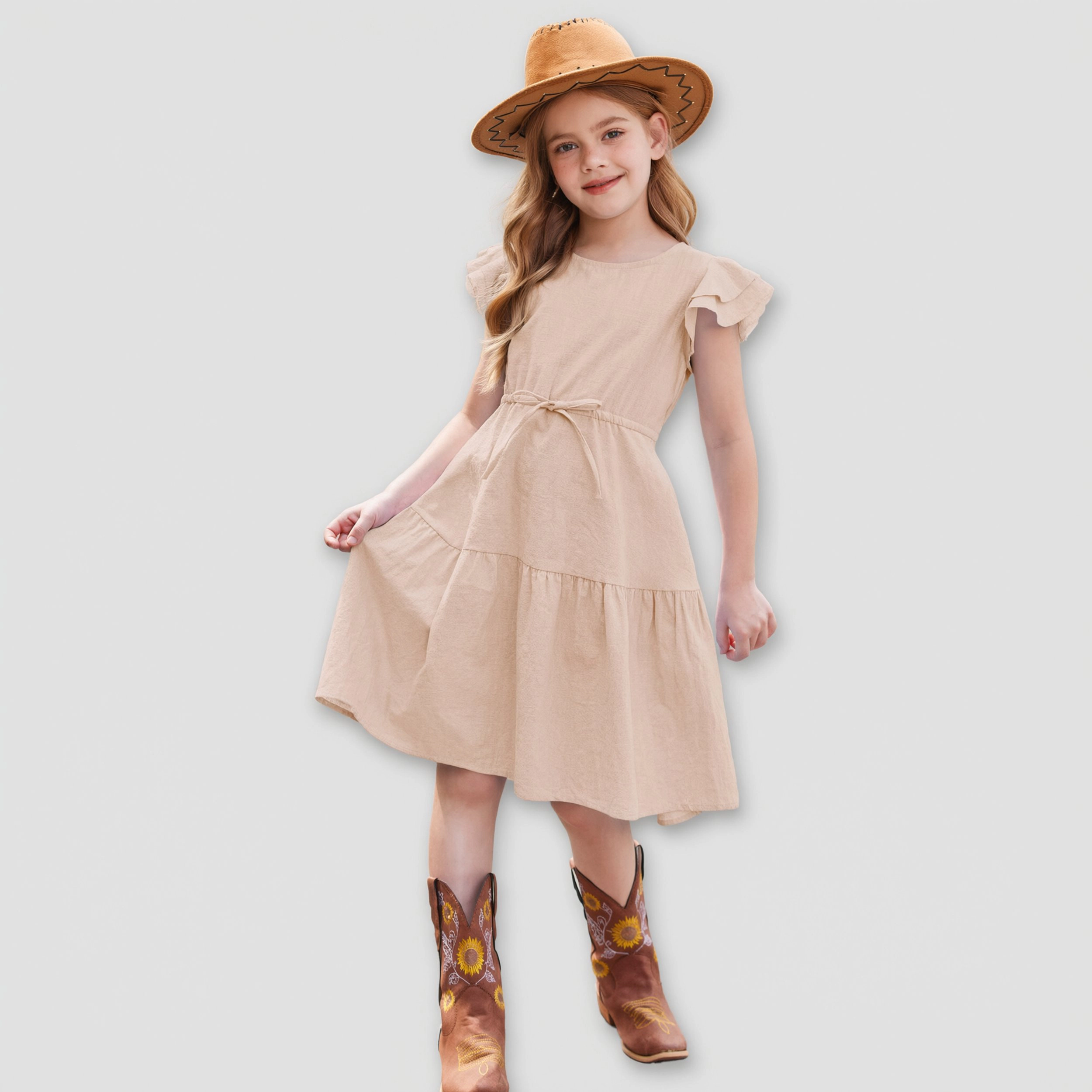 Arshiner Girls Cotton Linen Summer Dress Double Ruffle Sleeve Tie Sash