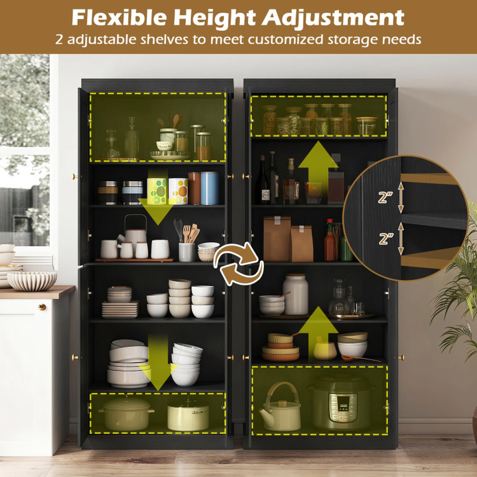 SUGIFT Four-Door Kitchen Pantry Cabinet with 2 Adjustable Shelves and Anti-Tipping Kits 22-lb Shelf Capacity Black