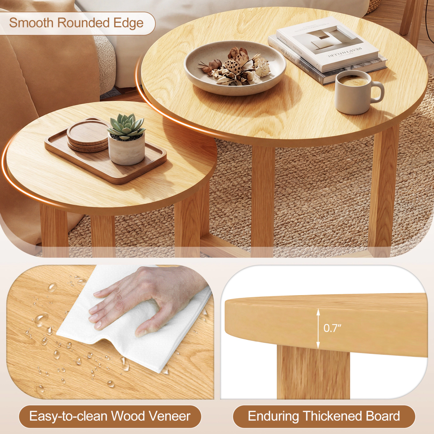 Glintex 2-Piece Round Nesting Table Set with Rubber Wood Tripod Frames