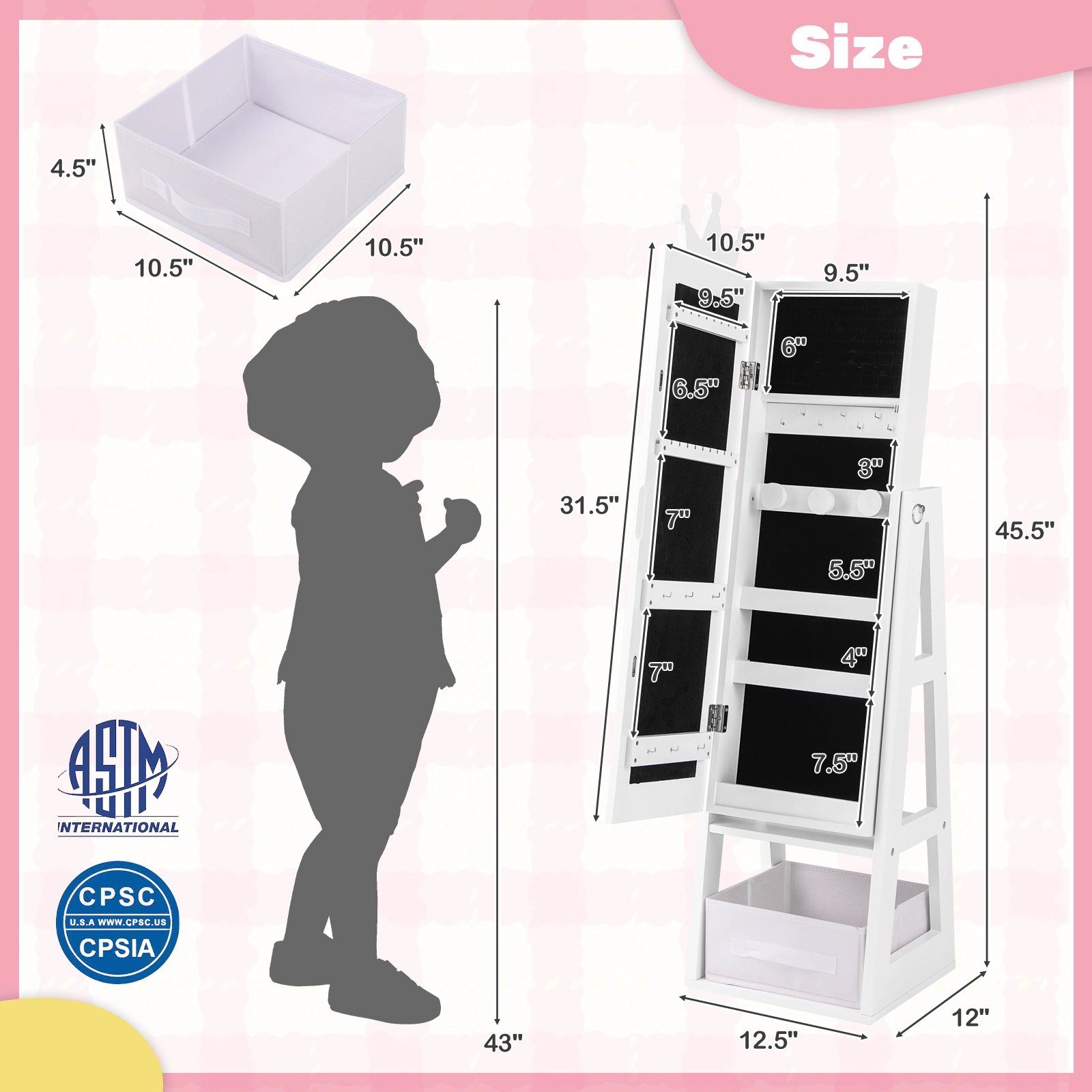 SUGIFT 45.5-in Pink Kids Standing Jewelry Cabinet with Dressing Mirror Tiered Trays and Hook Rows