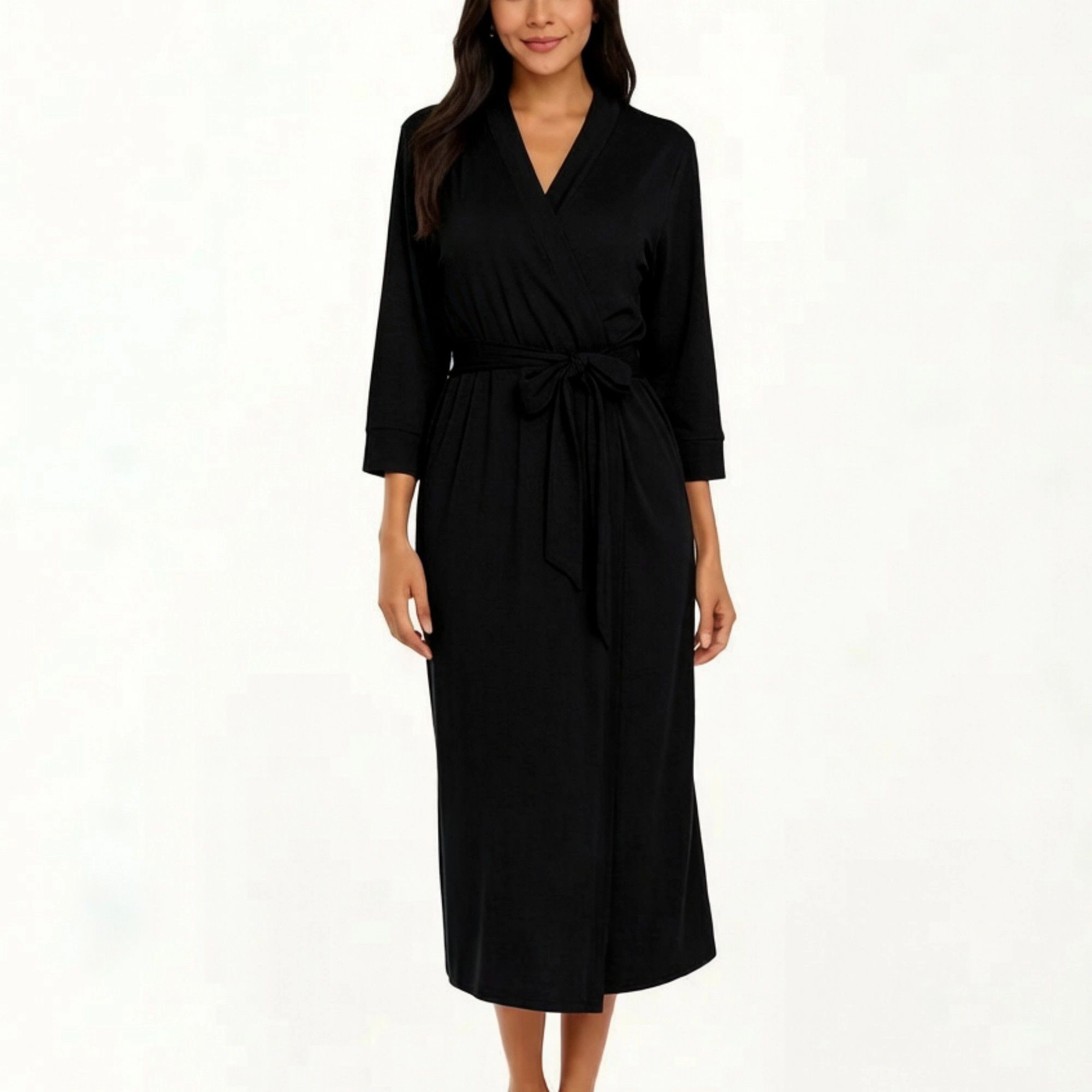 Anna-Kaci Women's Long Lightweight Robe with Shawl Collar Tie Waist Belt Front Pockets Soft Knit