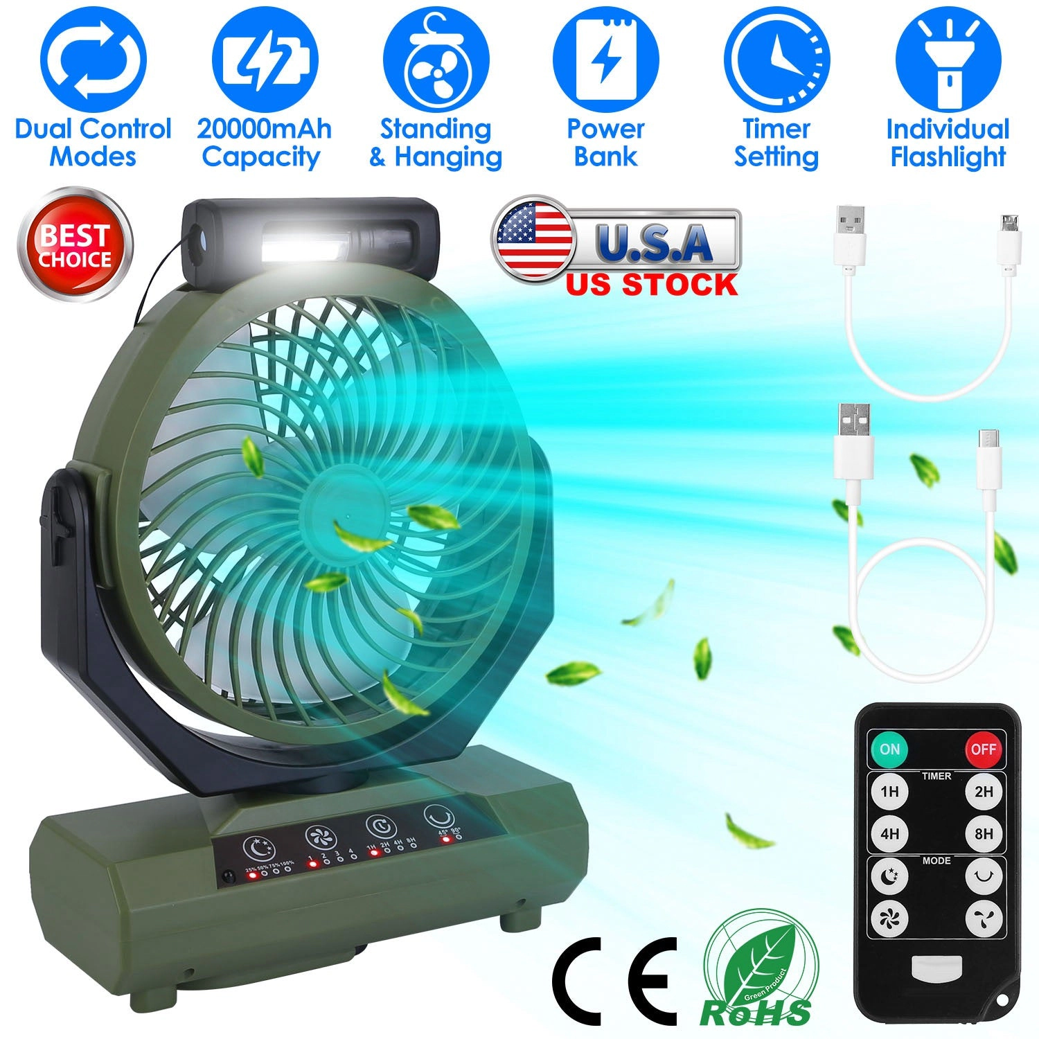 GBruno 20000mAh Rechargeable Camping Fan With Light
