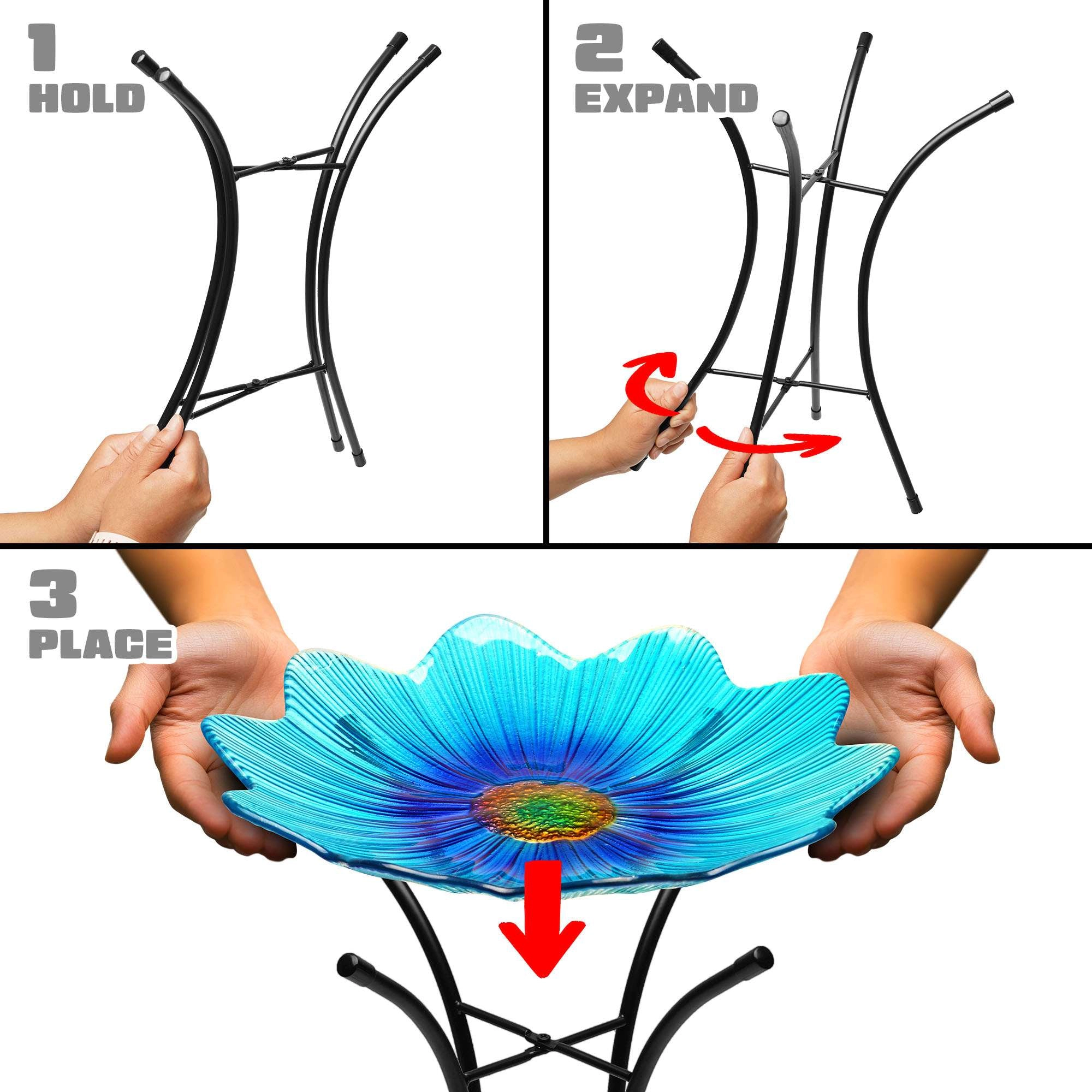 G128 19 Inch Blue Glass Bird Bath with Stainless Metal Stand, Decorative Outdoor Bird Feeder Bowl