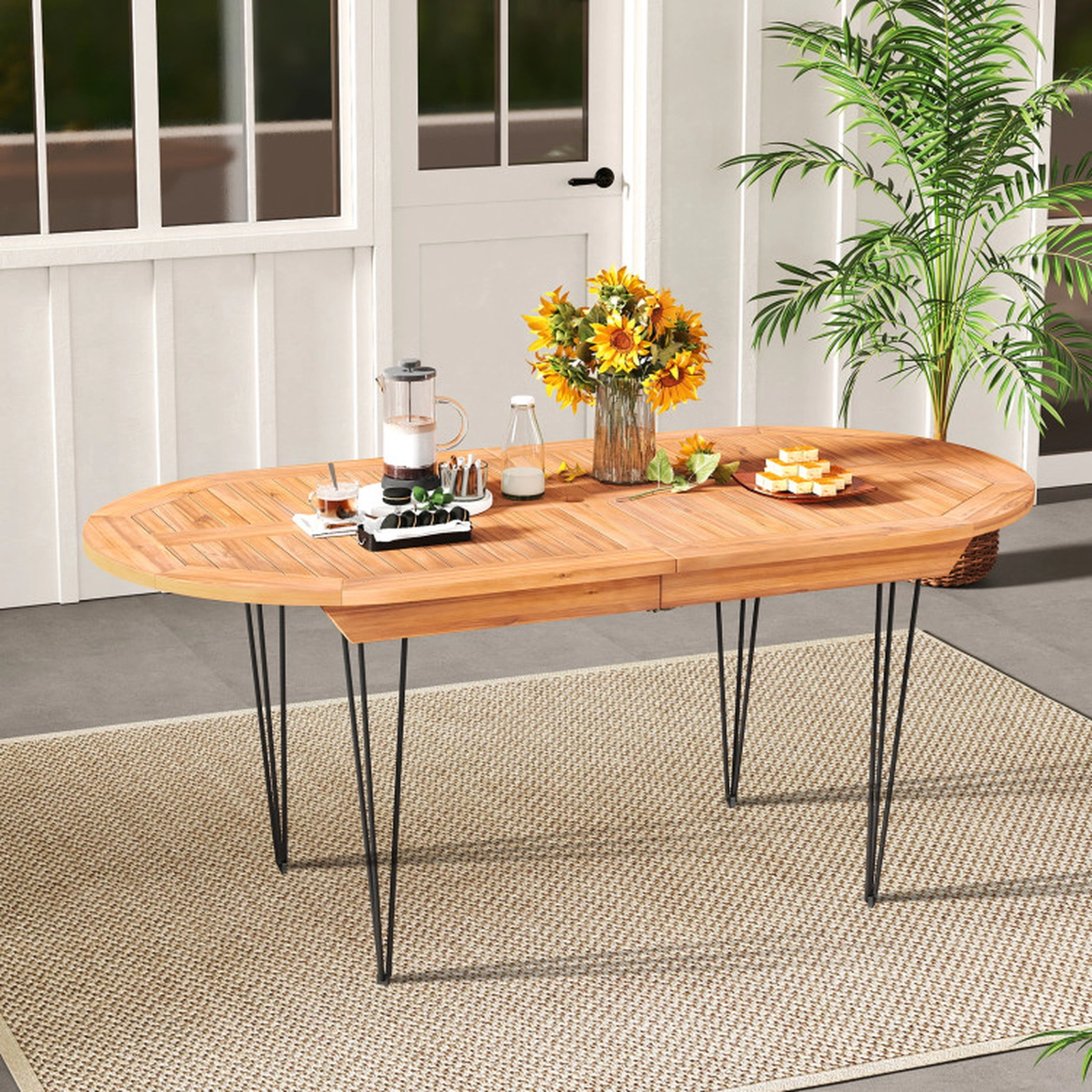 SUGIFT 6-Person Patio Dining Table with Teak Wood Tabletop 230-Lb Capacity 71-in Long Natural + Black 2-Piece Top