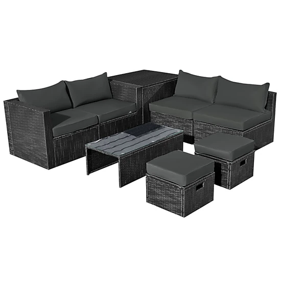 SUGIFT 8-Piece Gray PE Rattan Patio Sectional Set with Storage Box and Glass Table