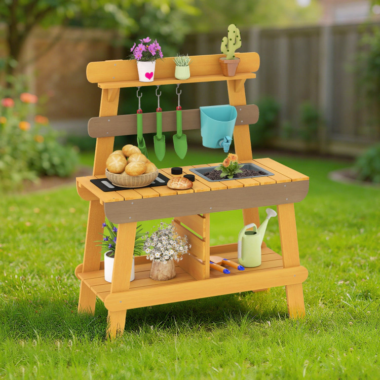 Hivvago Outdoor Mud Kitchen for Kids Wooden Play Kitchen Toy for Boys Girls Aged 3-8-Yellow