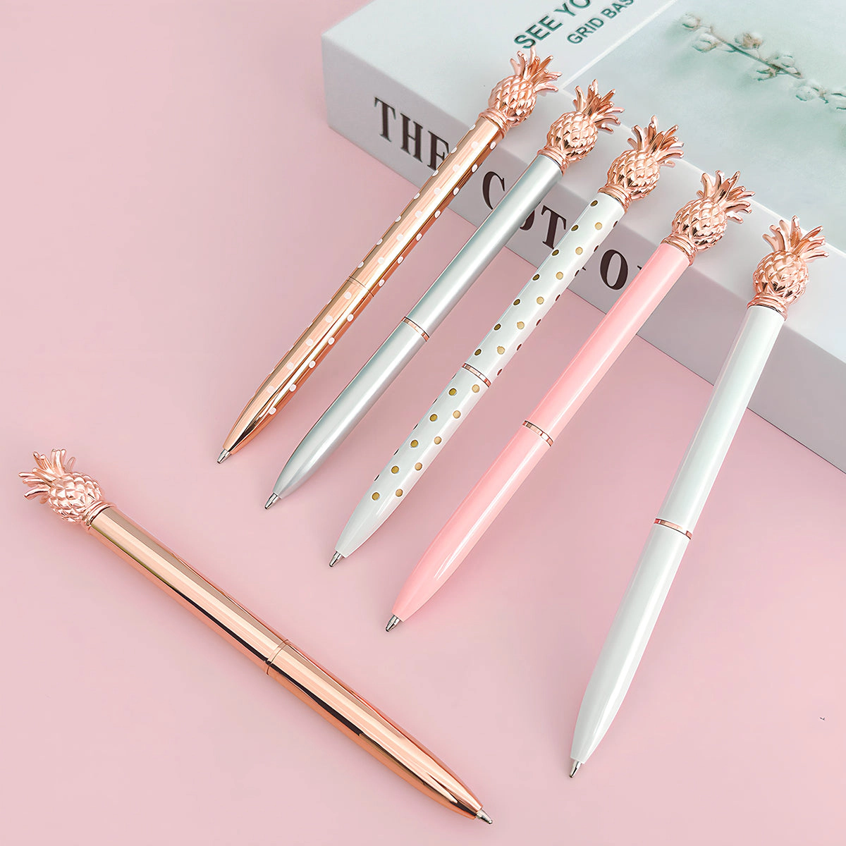Wrapables Pineapple Ballpoint Pens, 1.0mm Medium Point Retractable Metal Pens, 6 Pens and 6 Refills