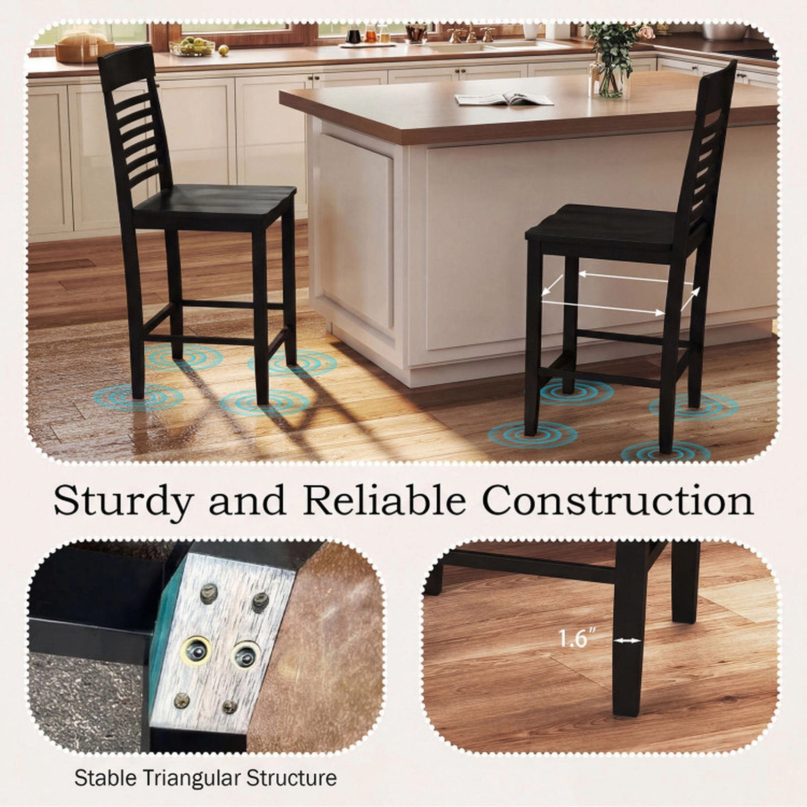 SUGIFT Counter-Height Dining Chair Set of 2 with Footrests and Solid Wood Frame 310-lb Capacity Gray/Black