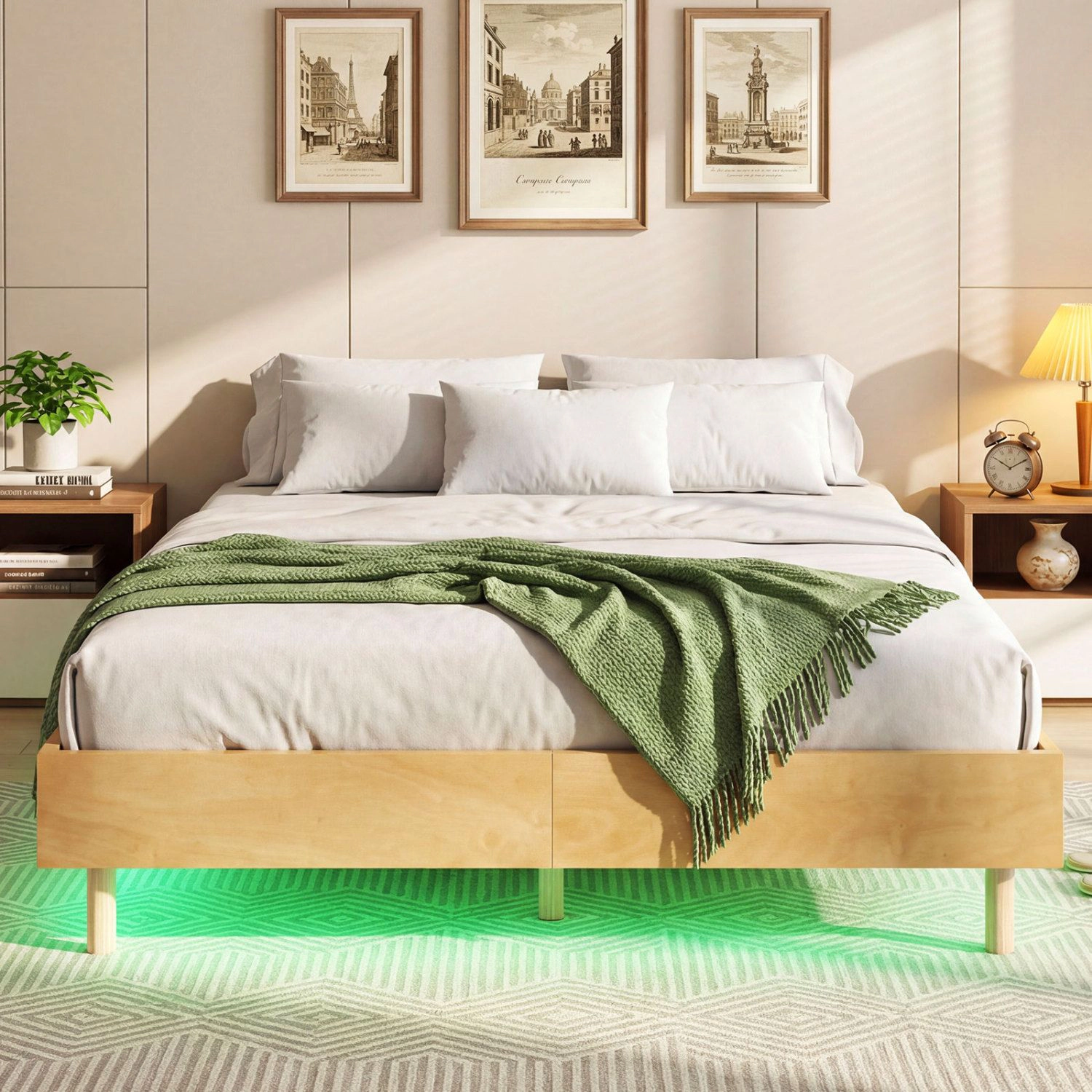 SlickBlue Modern Floating Bed Frame with LED Lights and Wood Slats