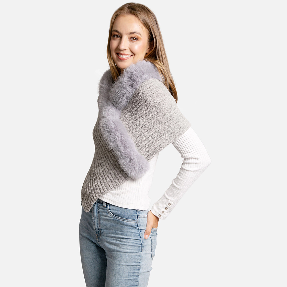 TRUEDAMES Women Faux Fur Trim Solid Knitted Rib Shawl Wrap