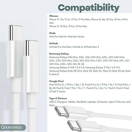 Qixxronics 2PCSUSB-C to USB-C Cable, 3FT Charging & Data Sync Cable for Samsung Galaxy, Z Flip, Z Fold, USBC Devices