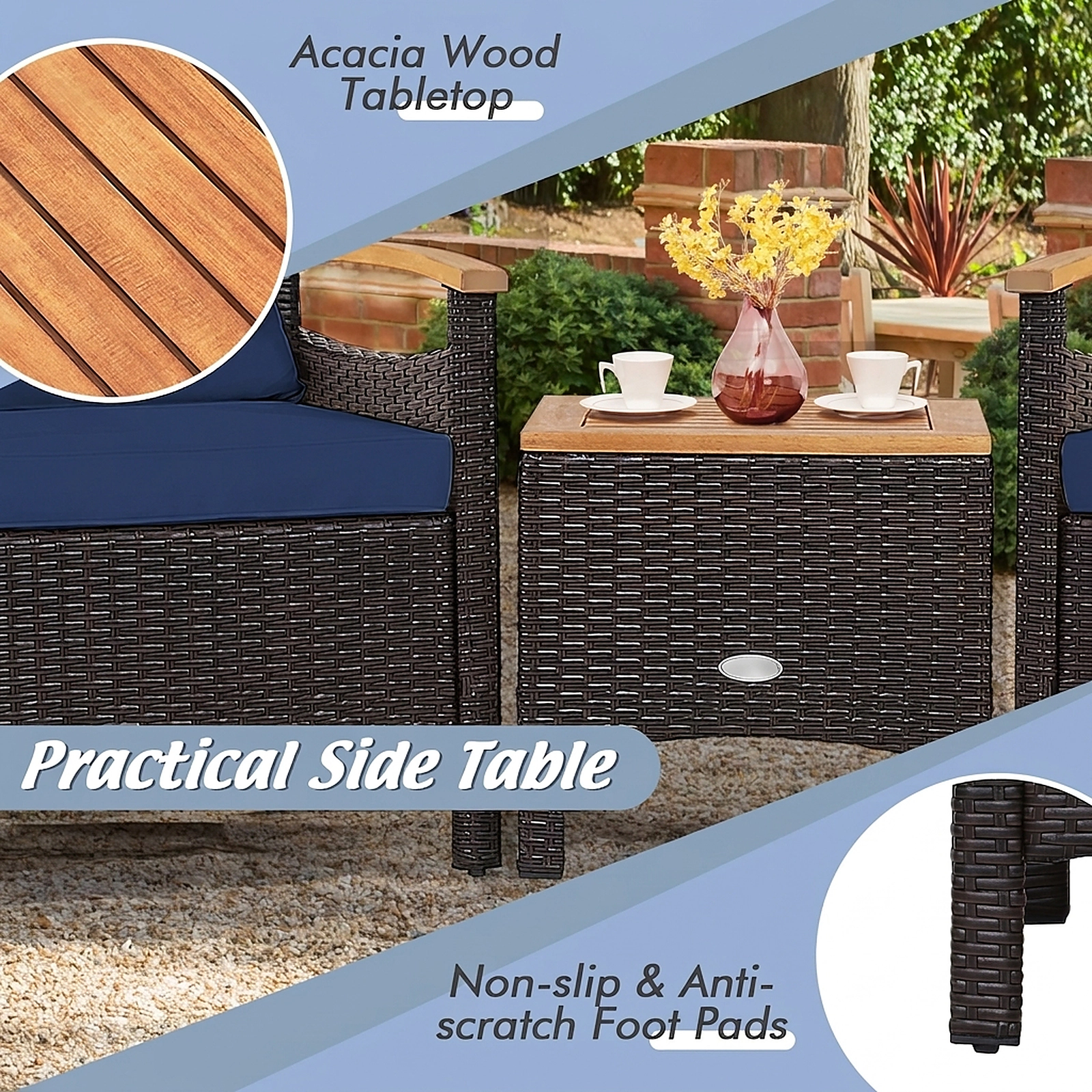 SUGIFT 3-Piece Brown PE Wicker Patio Set with Cushioned Sofas and Acacia Wood Table