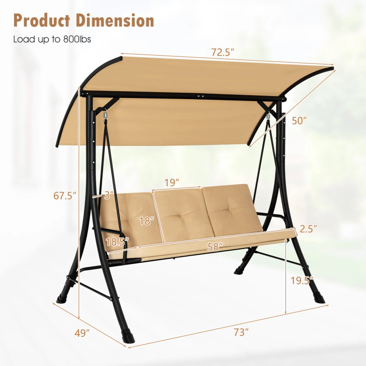 Hivvago 3-Seat Outdoor Porch Swing With Adjustable Canopy And Padded Cushions
