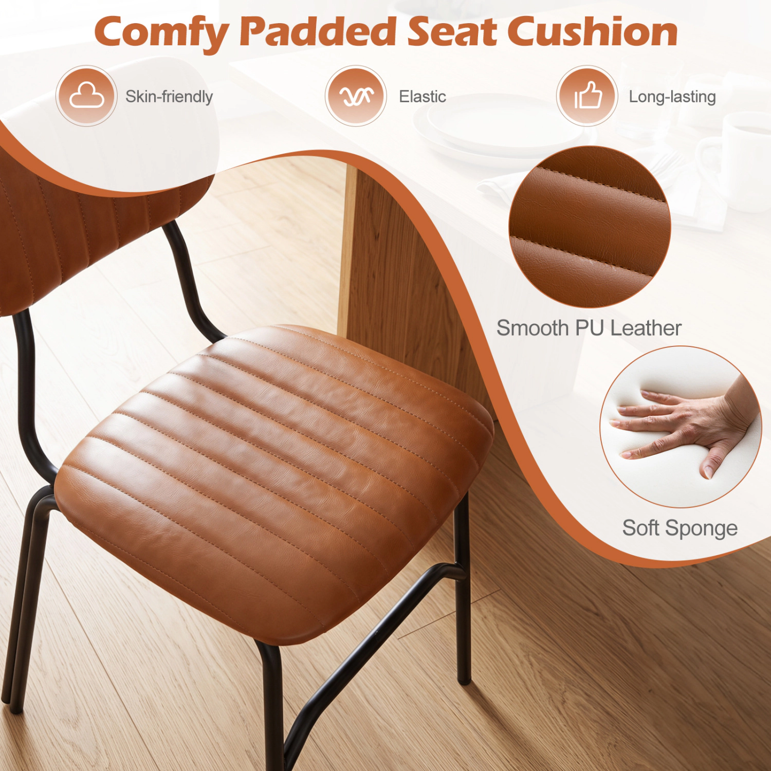 LJG Set of 2 Modern Dining Chairs with Ergonomic Back Metal Legs Exquisite Rivet and Embellished Edges