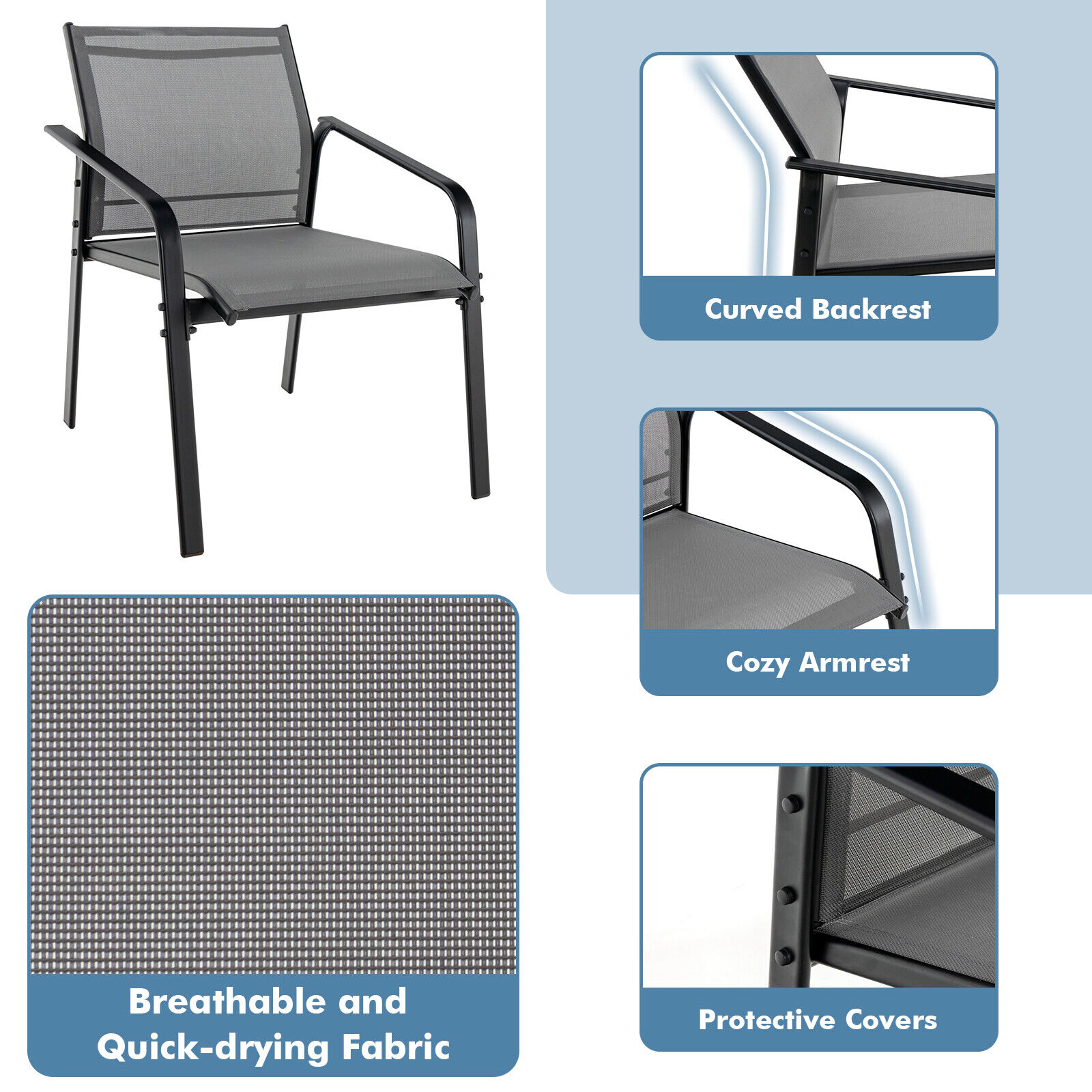 SUGIFT Gray Loveseat and Tempered Glass Table 4-Piece Patio Sling Fabric Sofa Set