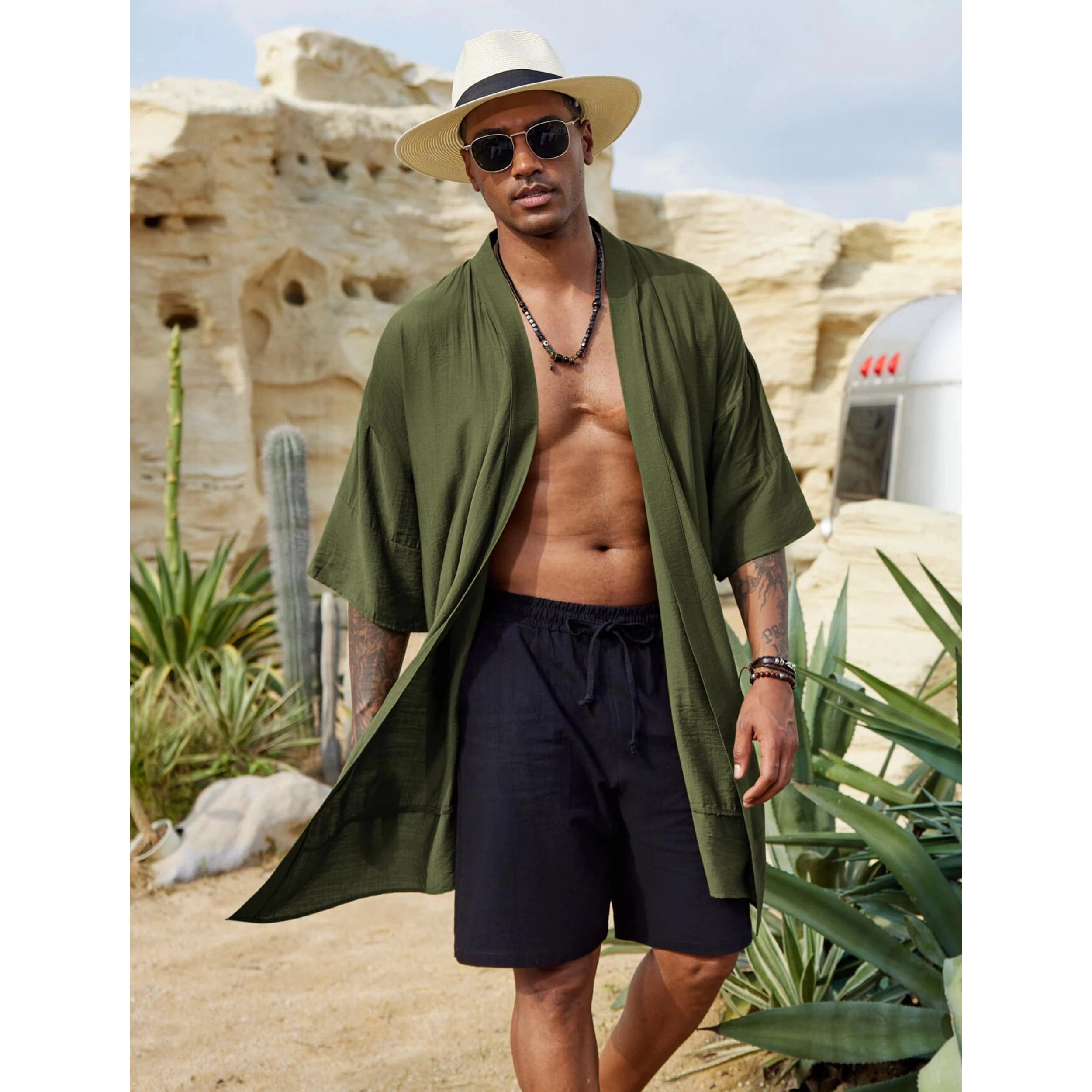 COOFANDY Men's Loose Fit Open Front Elbow Sleeve Kimono Cardigan