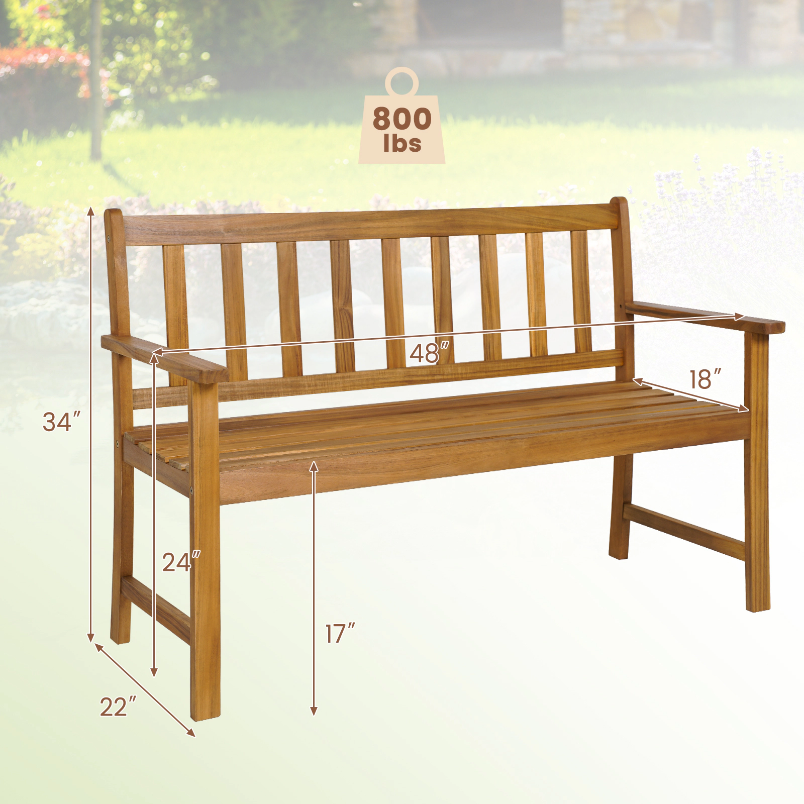 SUGIFT 48-Inch Acacia Wood Outdoor Park Bench, 2-Person, Slatted Backrest, Natural Finish