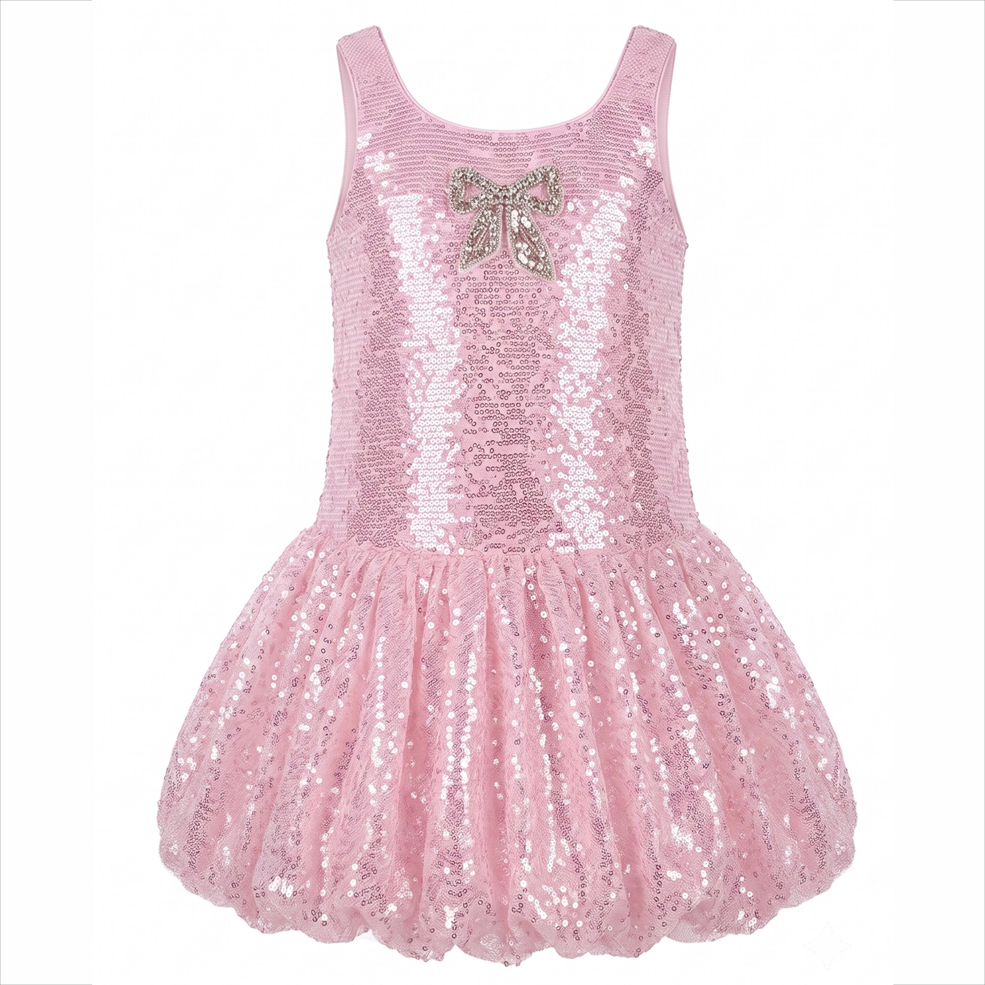 2Bunnies Girls' Sequin Sleeveless Bubble Dress with Rhinestone Bow