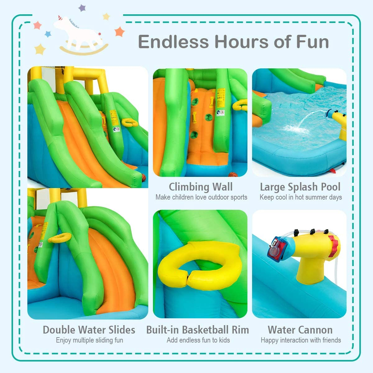SUGIFT Double Slides Climbing Wall and Basketball Rim Kids Inflatable Water Park Bounce House