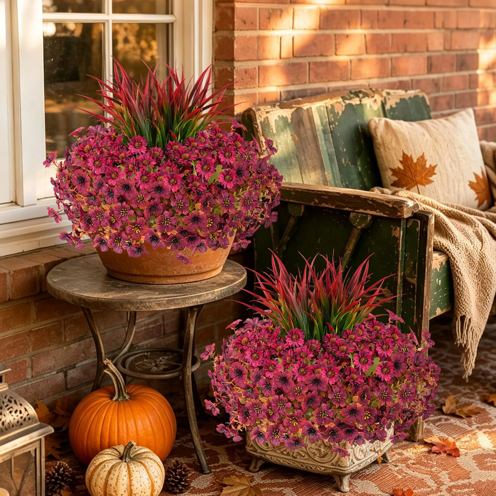 PUPWE 18 Artificial Fall Flowers For Outdoor  Uv Resistant Mums & Grass