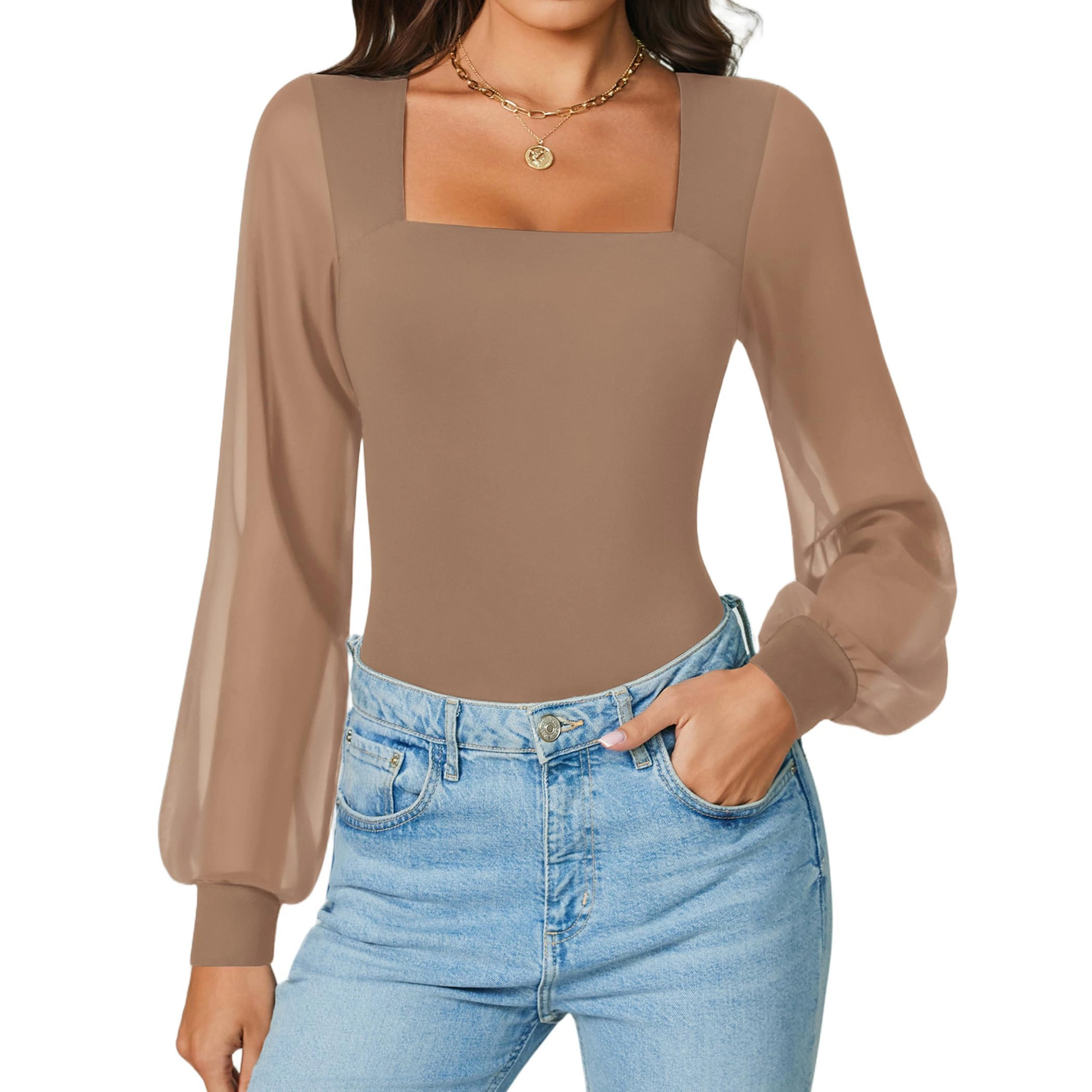 Avidlove Women's Square Neck Mesh Thong Long Sleeve Bodysuit