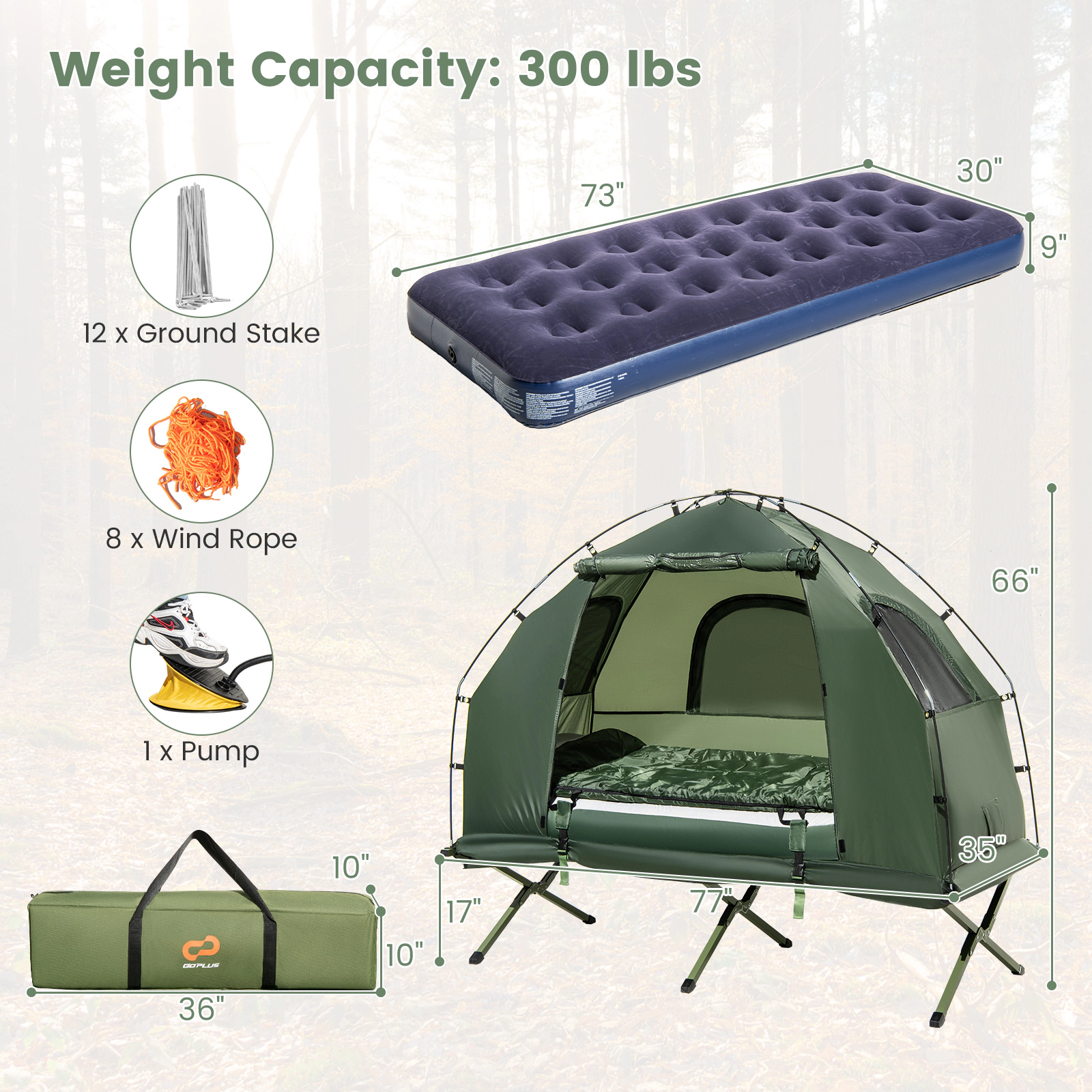 LJG 1-Person Folding Camping Tent with Sunshade and Air Mattress