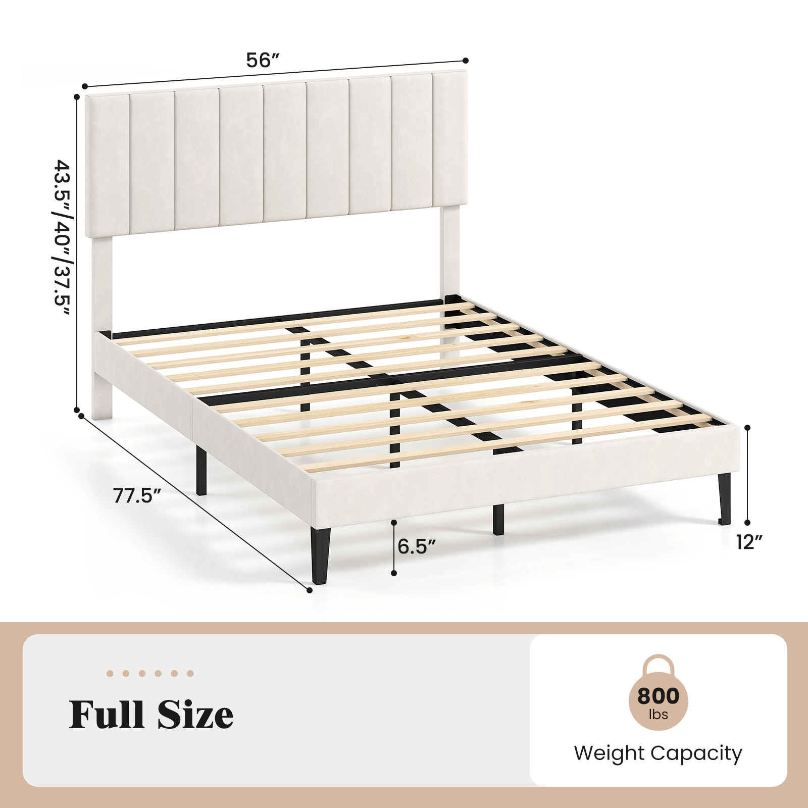 SUGIFT Velvet Upholstered Full Size Platform Bed Frame with 3-Level Adjustable Headboard 800-lb Capacity Beige
