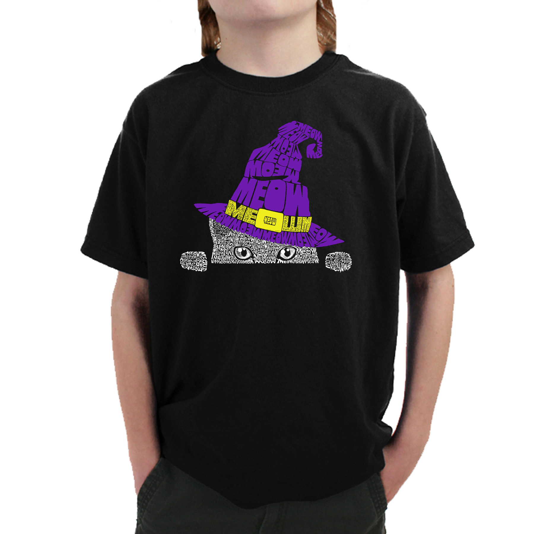 LA Pop Art Boy's Word T-Shirt - Peeking Witch Cat
