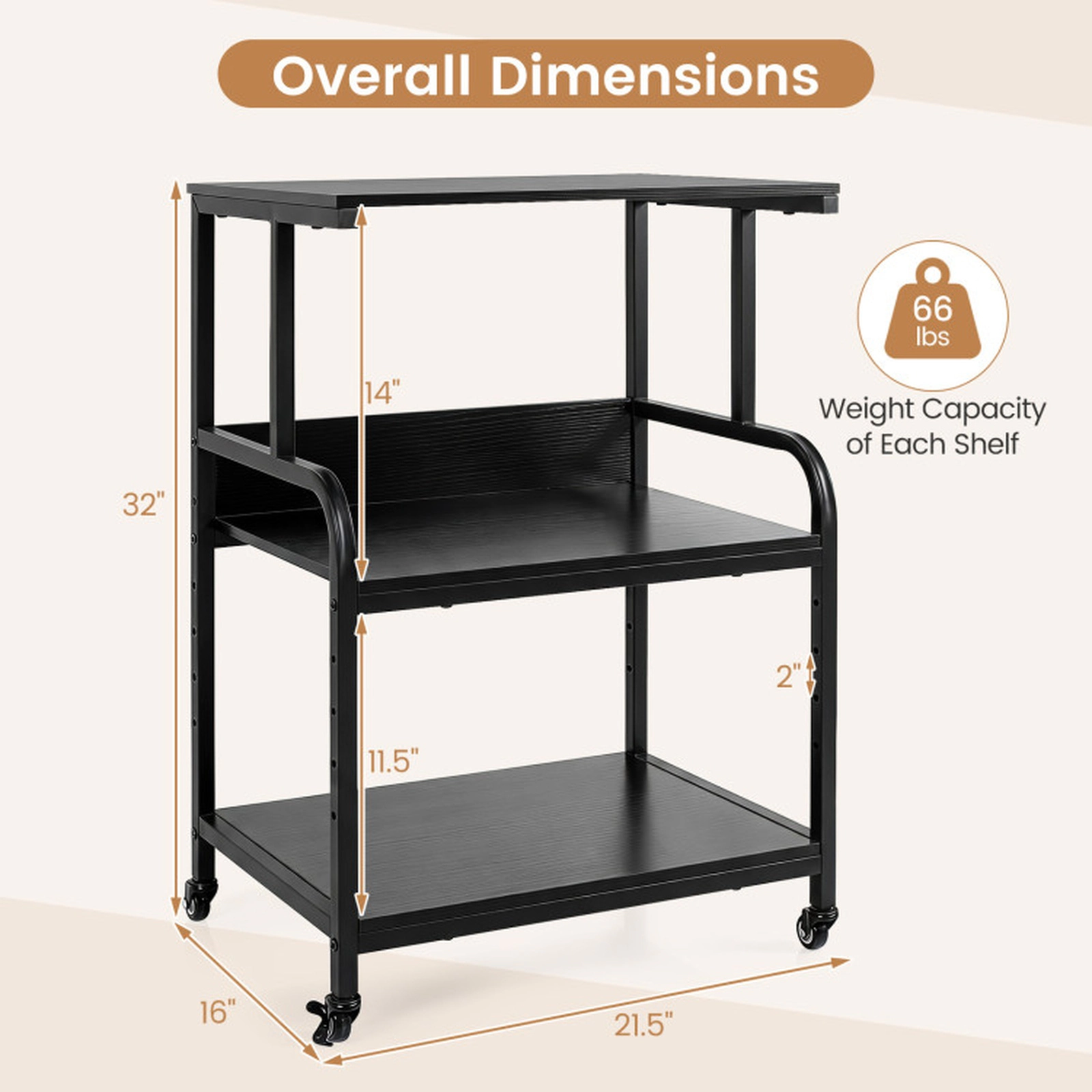 SUGIFT 21.5-in 3-Tier 44-lb Shelf Capacity Rolling Printer Stand with 5-Height Adjustable Shelf and Lockable Wheels