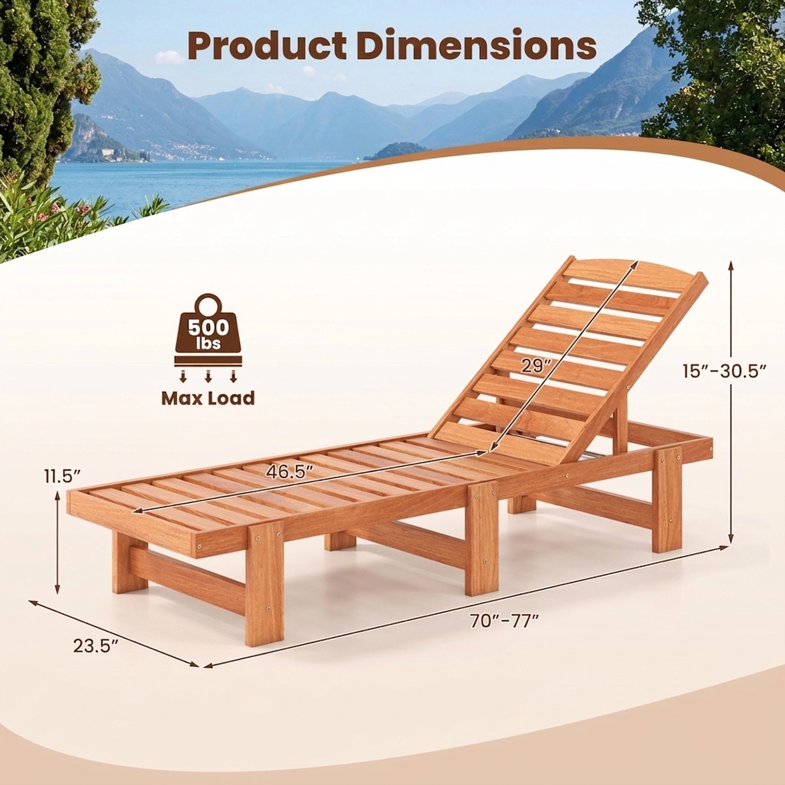 SUGIFT Solid Wood Patio Chaise Lounge, Slatted Recliner, 5-Position Backrest, Natural