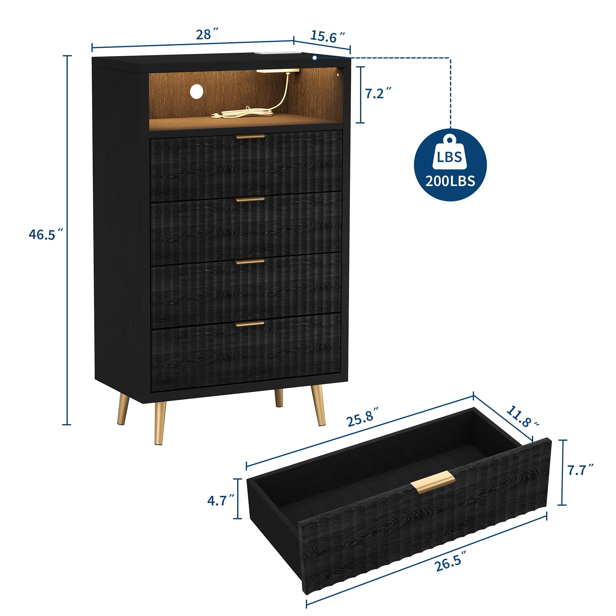4-Drawer Dresser with Charging Station and RGB LED Lights, Storage Chest Open Compartment Gold Handles
