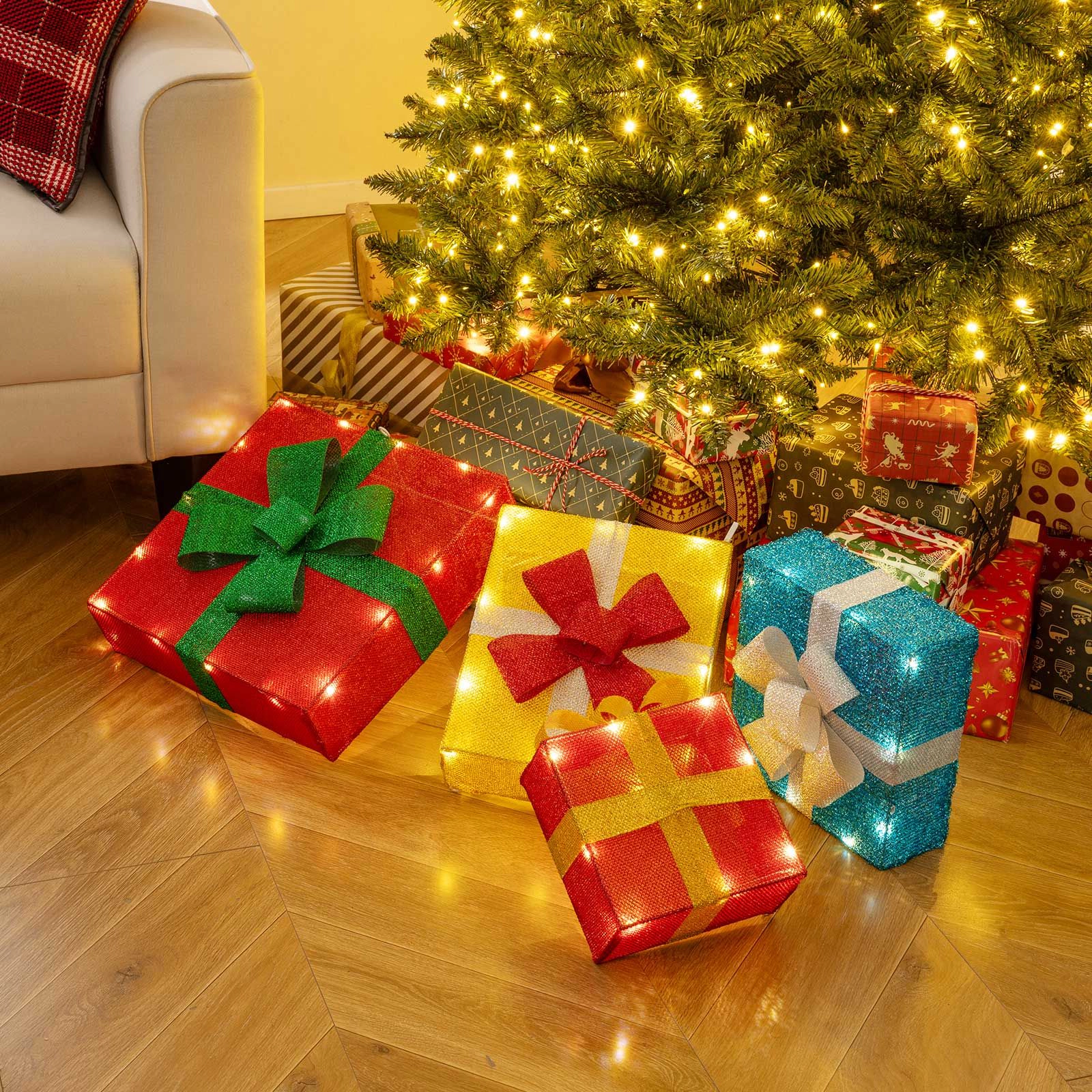 Slickblue Set of 4 Outdoor Christmas Gift Box Decorations with Lights