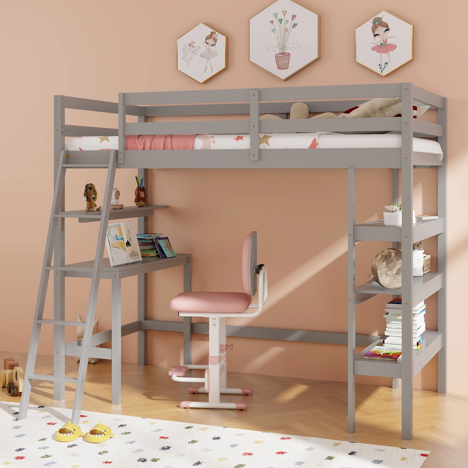 SUGIFT Gray Desk and Bookshelves Twin Size Kids and Teens Loft Bed