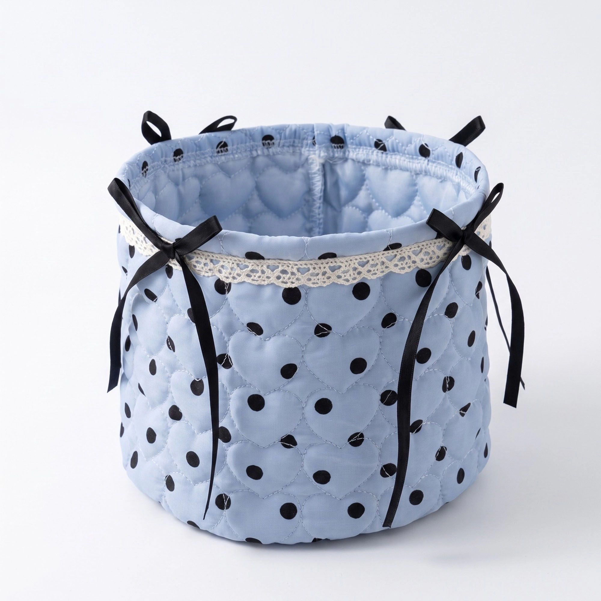 Alilang Unisex Quilted Heart Polka Dot Storage Bin with Lace Trim & Ribbon Bows