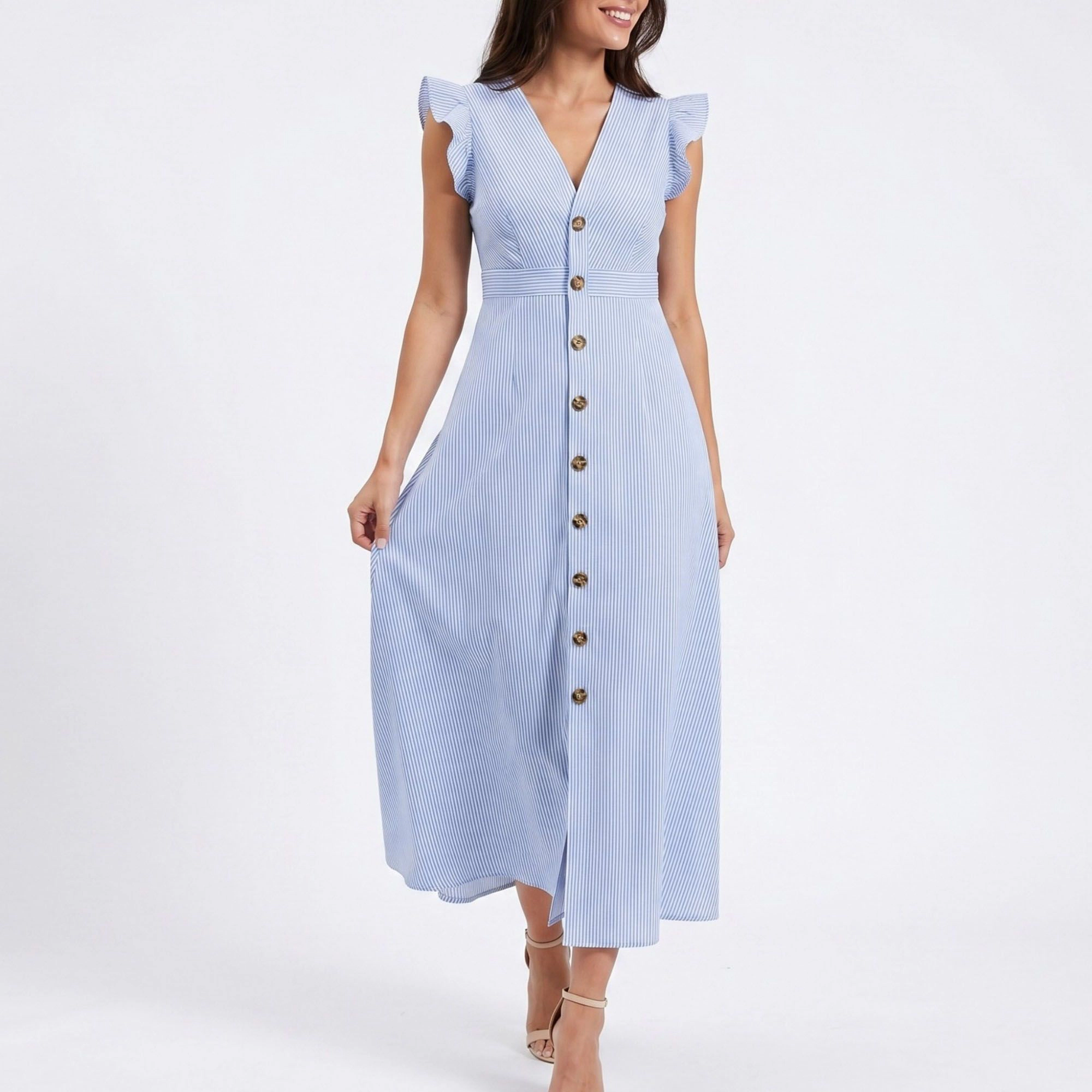 Anna-Kaci Women's Striped Button Front Flutter Sleeve Midi Dress