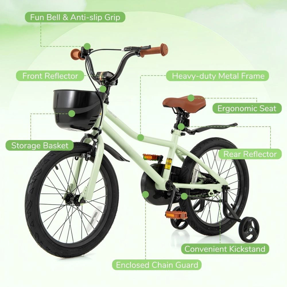SUGIFT 18-Inch Kids Bike with Dual Brakes Training Wheels 145-lb Capacity Ages 4-8 Adjustable Seat Green