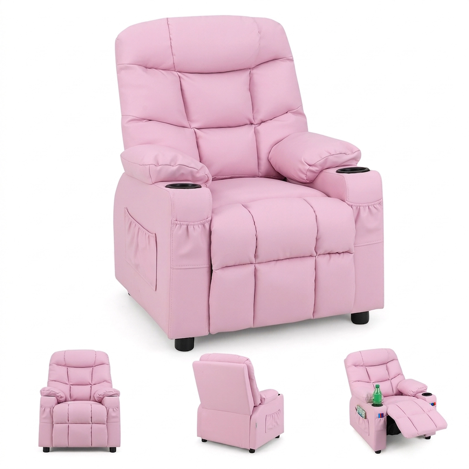 SUGIFT Adjustable Kids Recliner Chair with Cup Holder and Footrest 120-Lb Capacity Ages 3+ 26-in Wide Light Pink