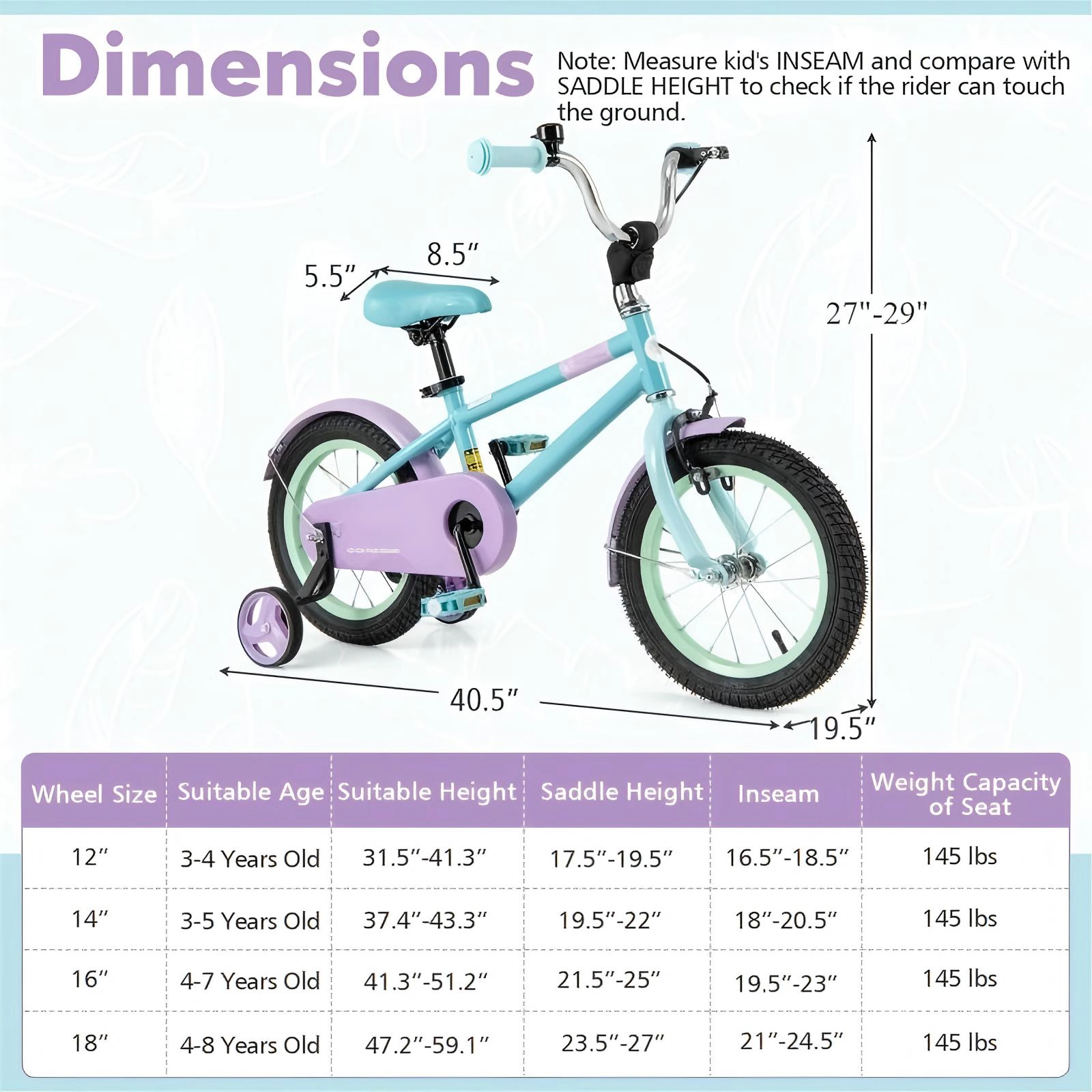 SUGIFT 14-Inch Kids Bike, Adjustable Saddle and Handlebars, Dual Brakes, Training Wheels, Blue and Purple